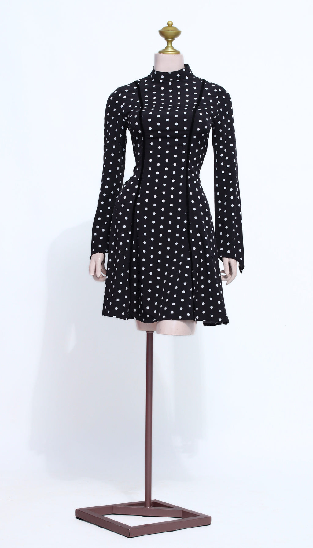 Black Polka Dot Long Sleeve Short Dress with Zipper Back – Elegant High Neck A-Line Dress - SB06