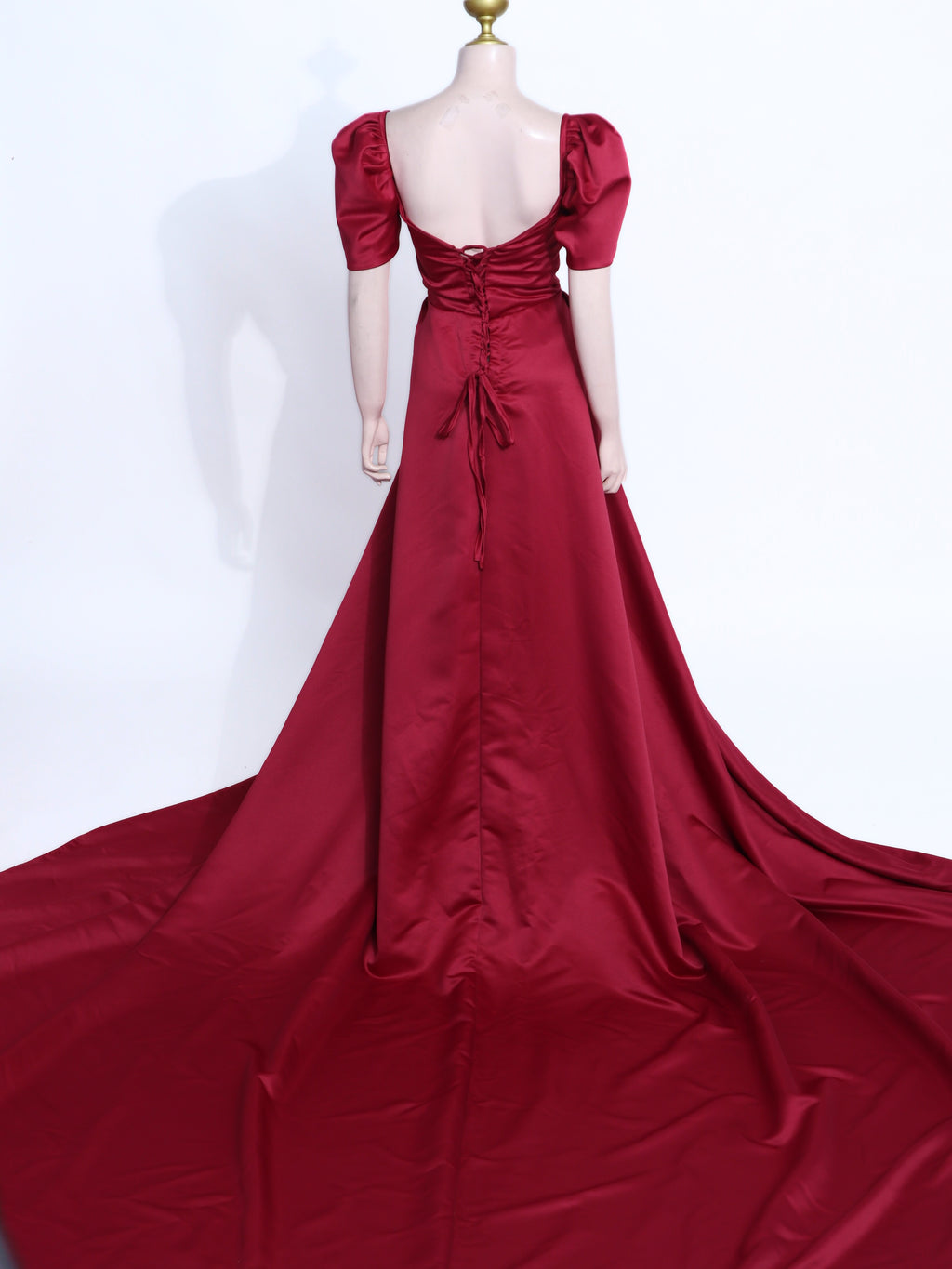 Luxury Burgundy Satin Ball Gown with Train | Padded Corset Back Prom Dress - M14