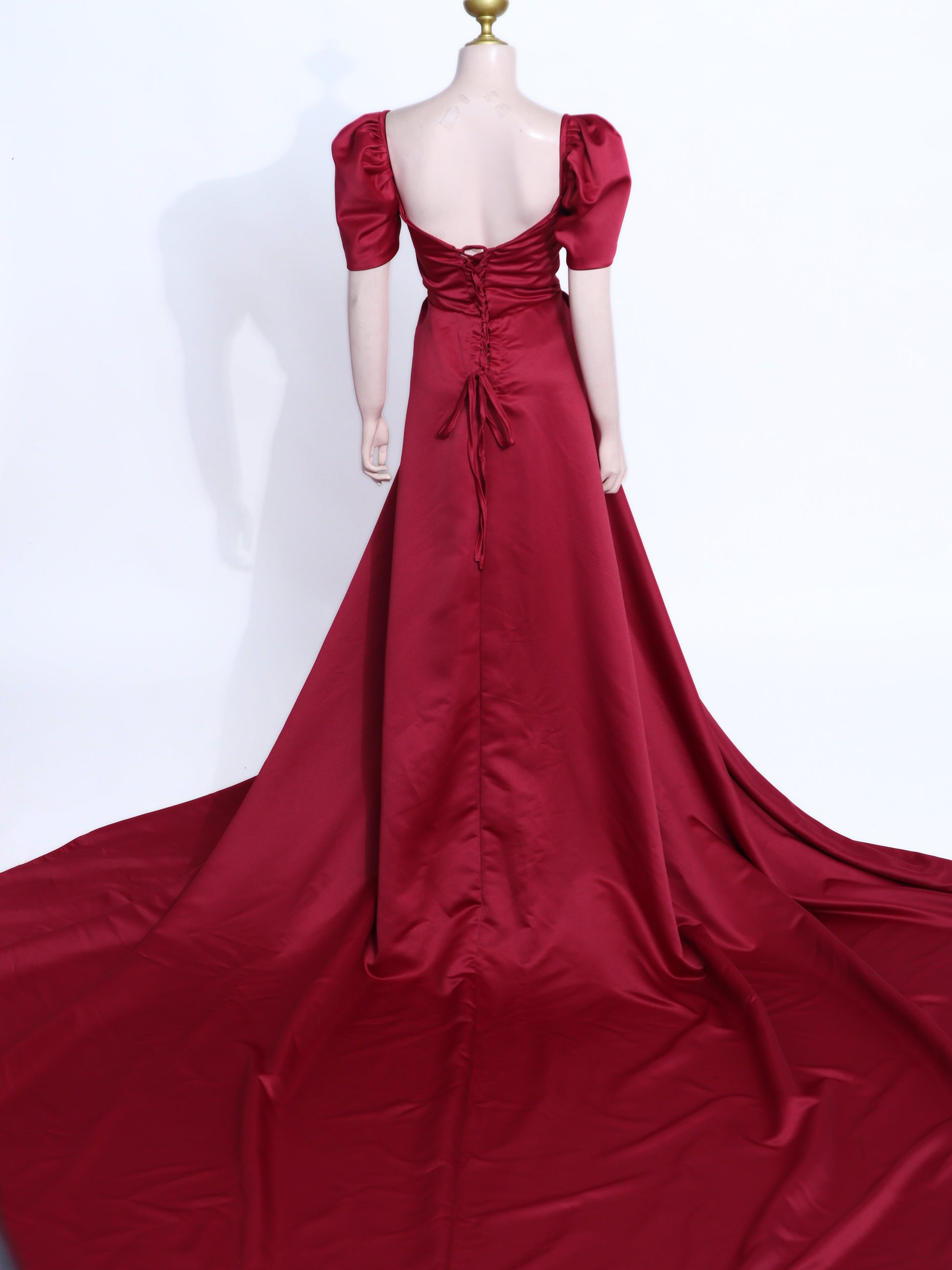 Luxury Burgundy Satin Ball Gown with Train | Padded Corset Back Prom Dress - M14