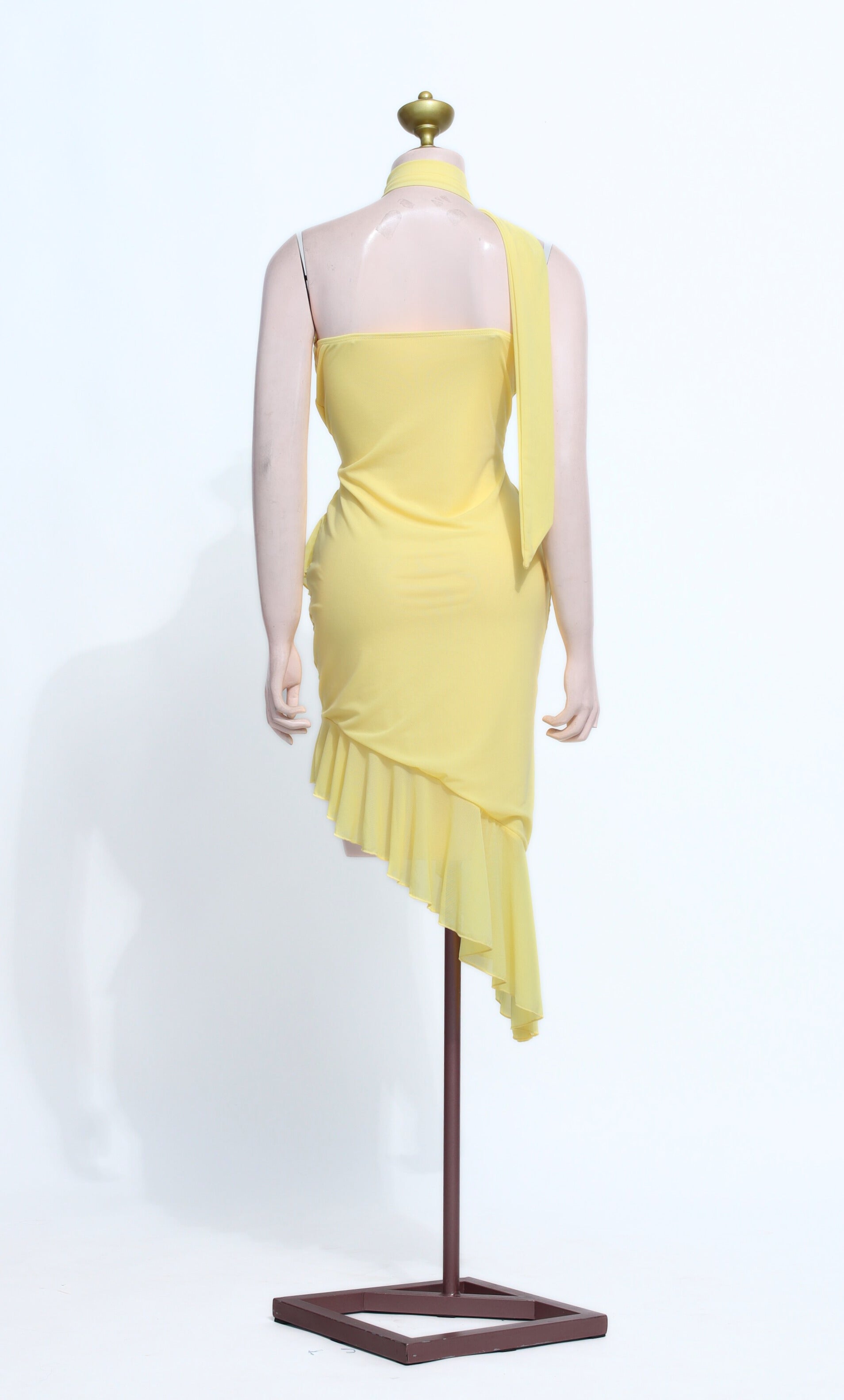 Asymmetrical One-Shoulder Ruffle Midi Dress | Yellow Spandex Bodycon - SY04