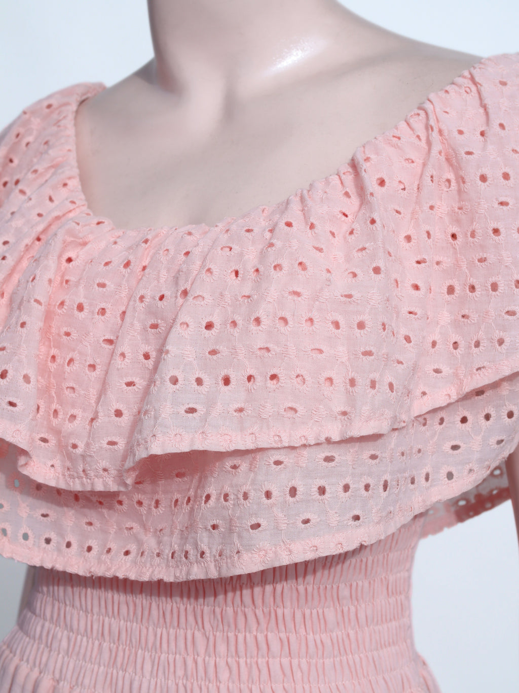 Peach Eyelet Off-Shoulder Maxi Dress | Ruffle Smocked Bodice Cotton Gown - SP14