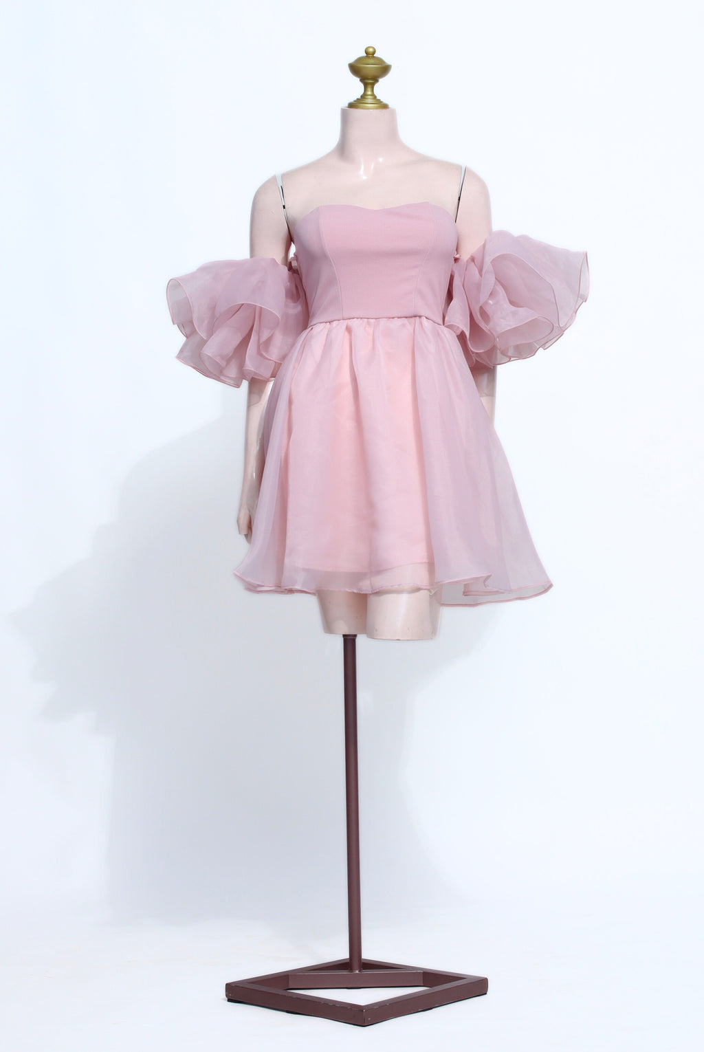 Peach Organza Ruffle Mini Dress | Off-Shoulder Puffy Sleeve Babydoll Gown - SP17