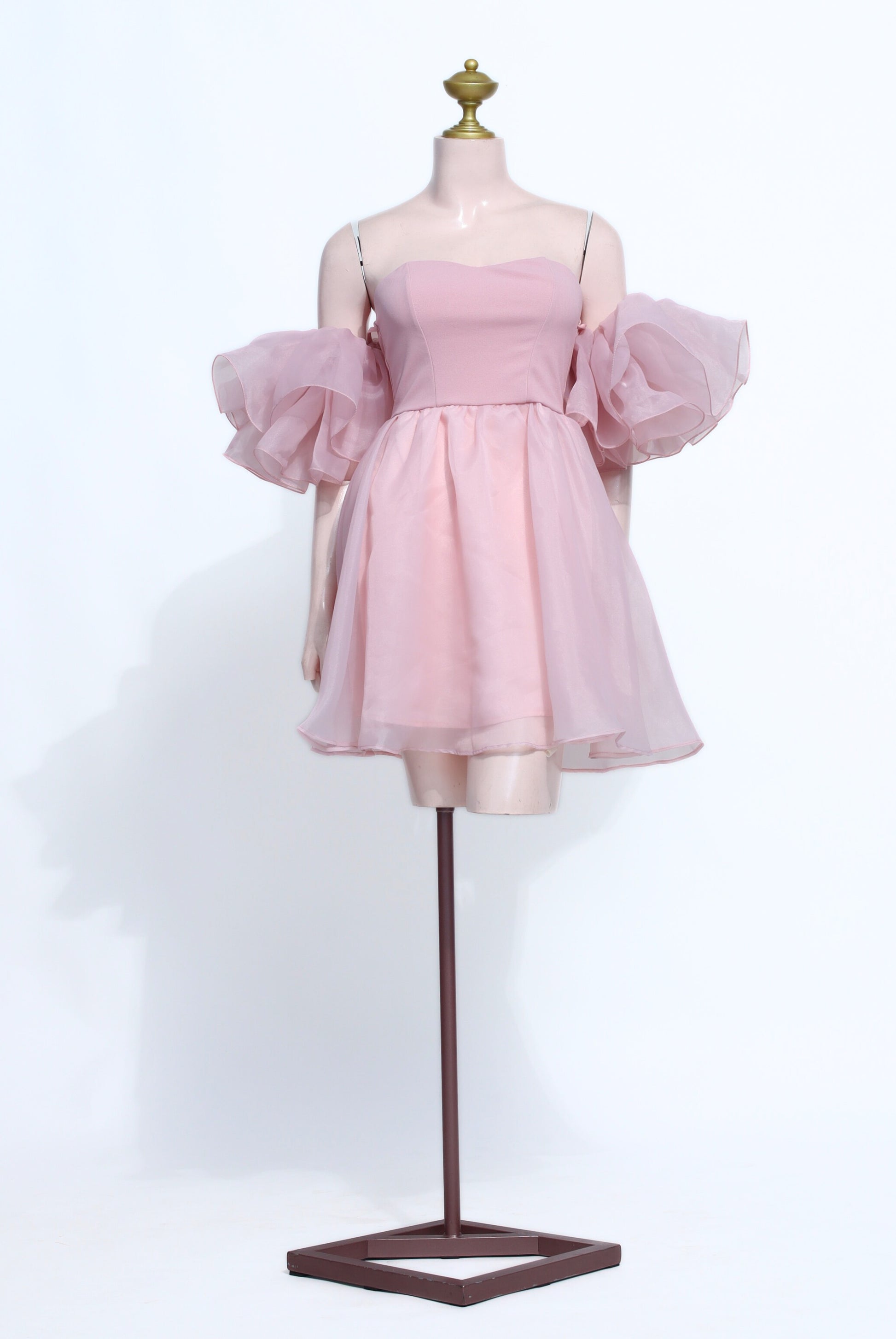 Peach Organza Ruffle Mini Dress | Off-Shoulder Puffy Sleeve Babydoll Gown - SP17