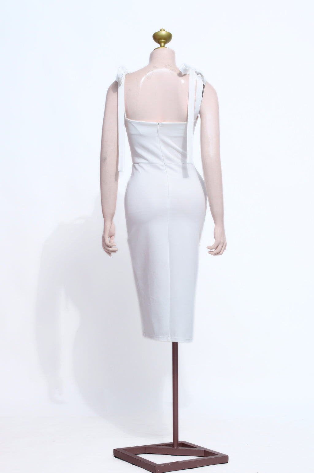 White Bodycon Midi Dress | Shoulder Tie Detail Front Slit Zipper Back - SW13