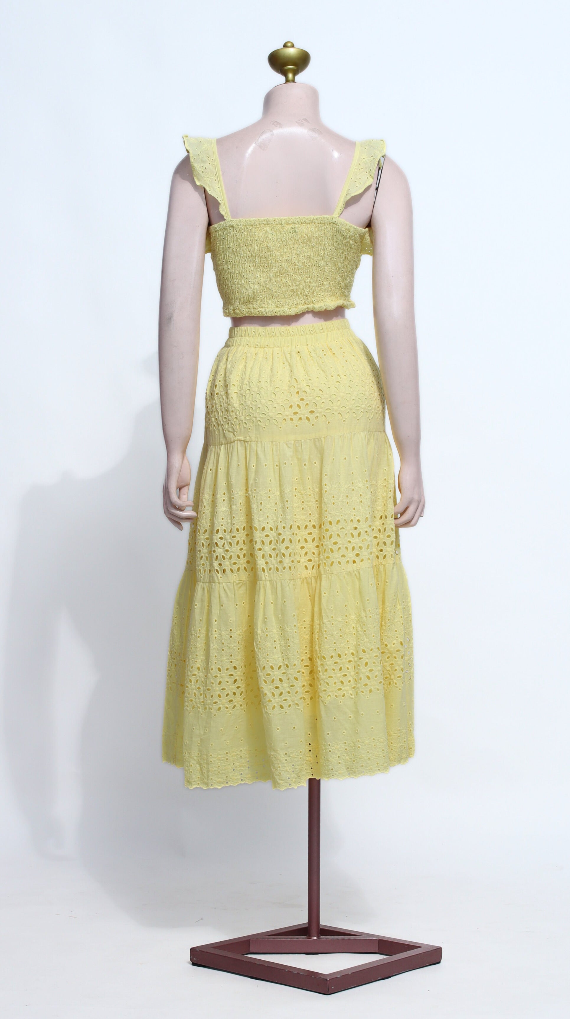 Yellow Eyelet Cotton Two-Piece Set | Smocked Ruffle Top & Tiered Midi Skirt - SY02