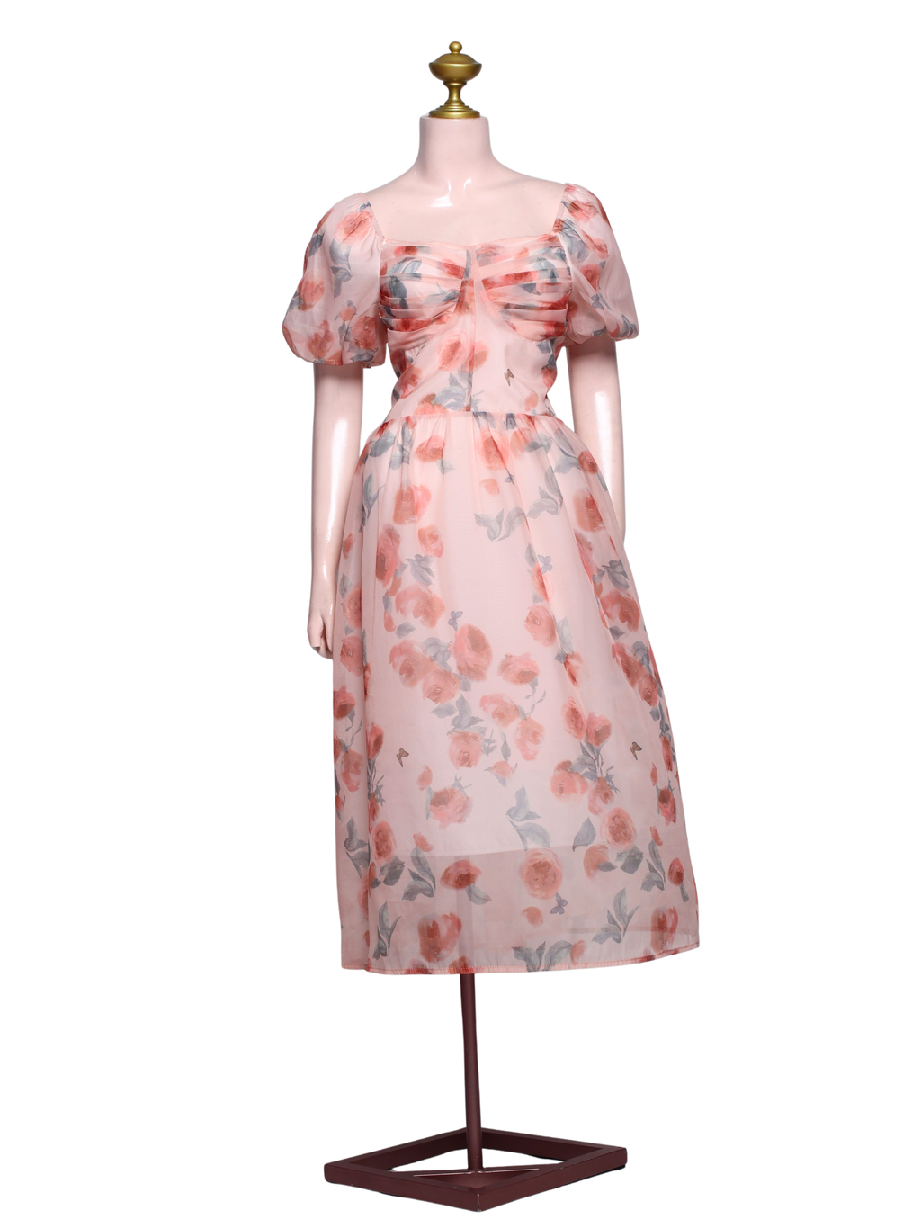 Floral Peach Puff Sleeve Dress - SP04