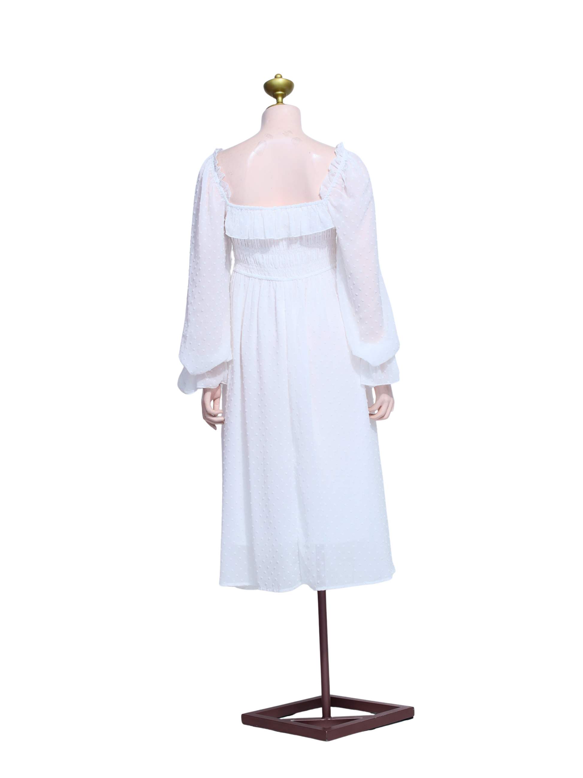 White Long Sleeve Swiss Dot Midi Dress - W16