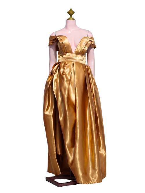 Asymmetrical Off-Shoulder Golden Satin Long Gown - Y03