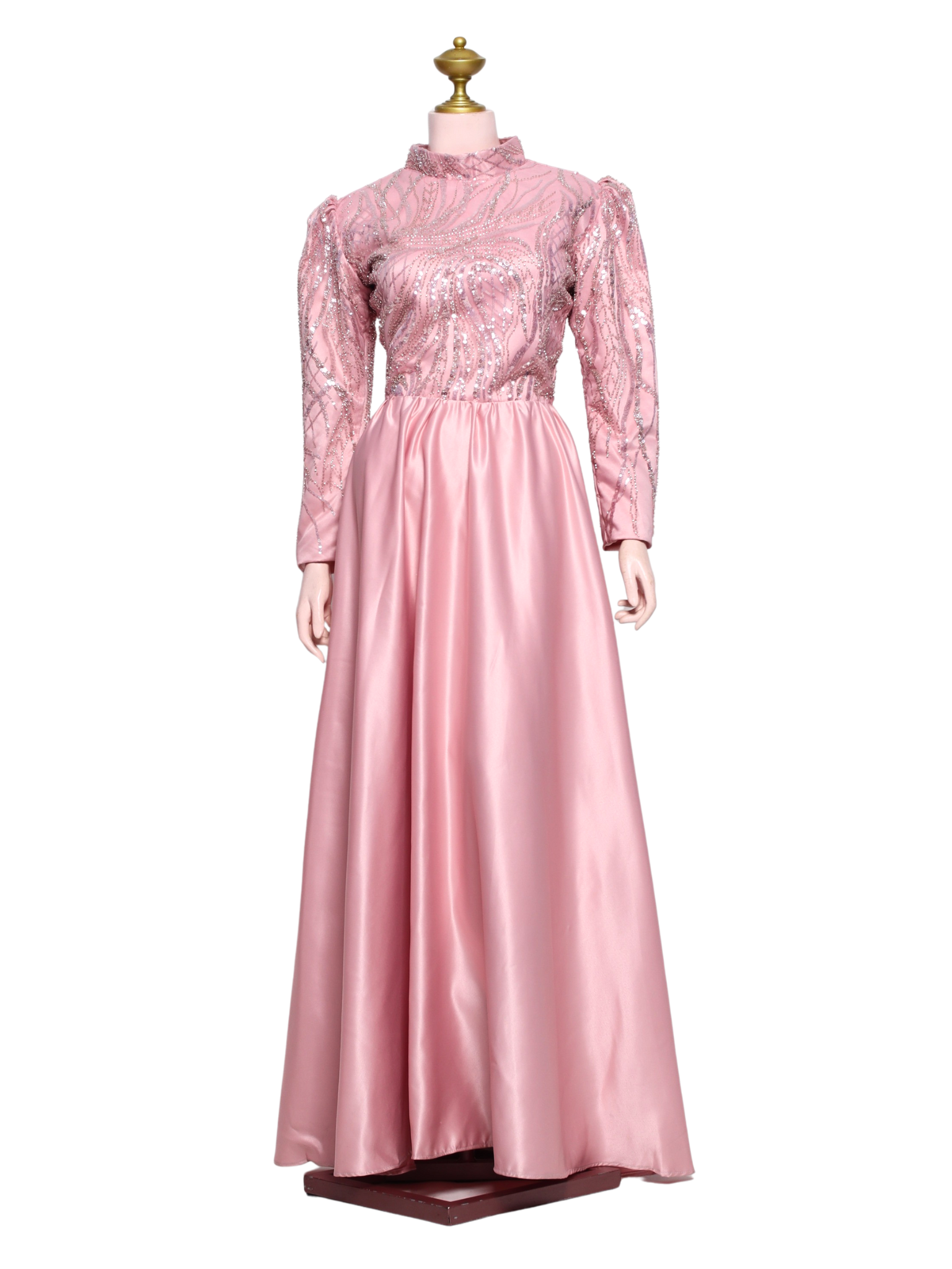Light Old Rose Silver Beaded Tneck Long Dress - OR07