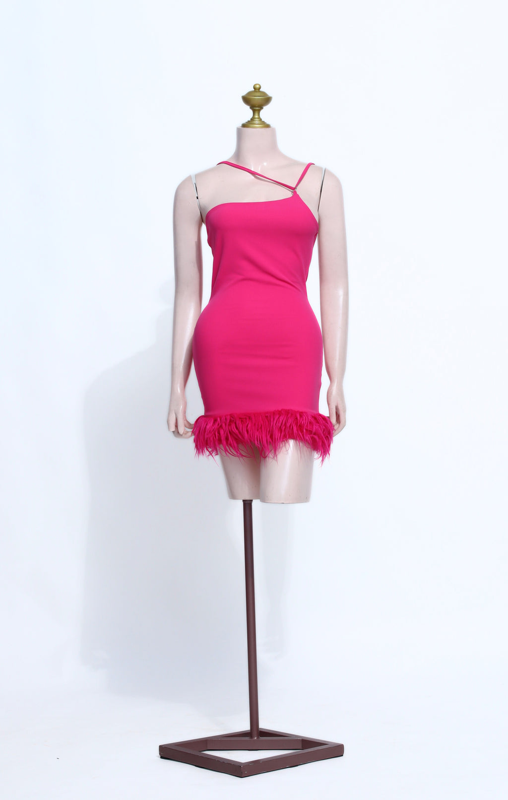Fuchsia Asymmetric Strap Bodycon Short Dress with Feather Hem - SF05