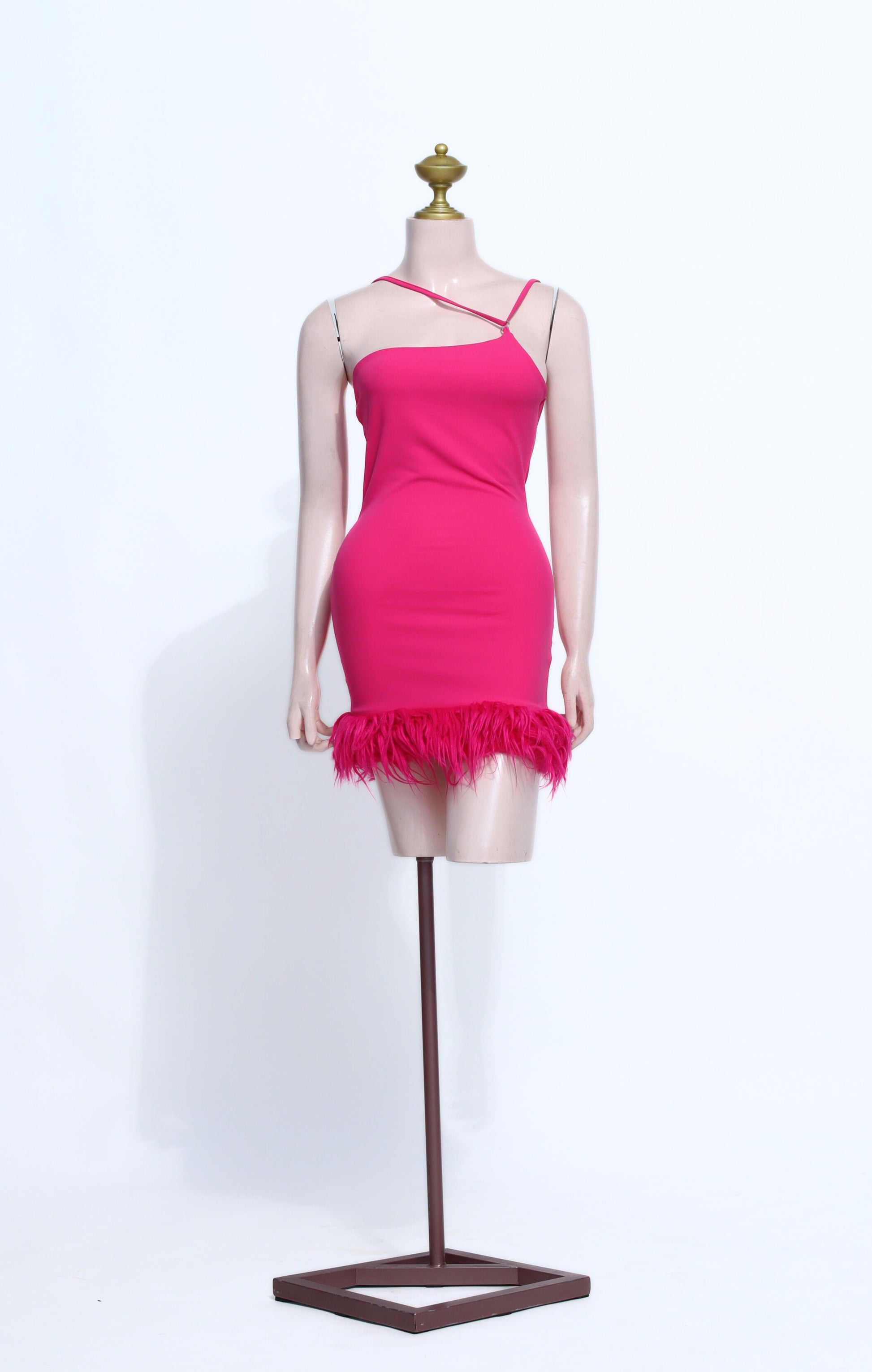 Fuchsia Asymmetric Strap Bodycon Short Dress with Feather Hem - SF05