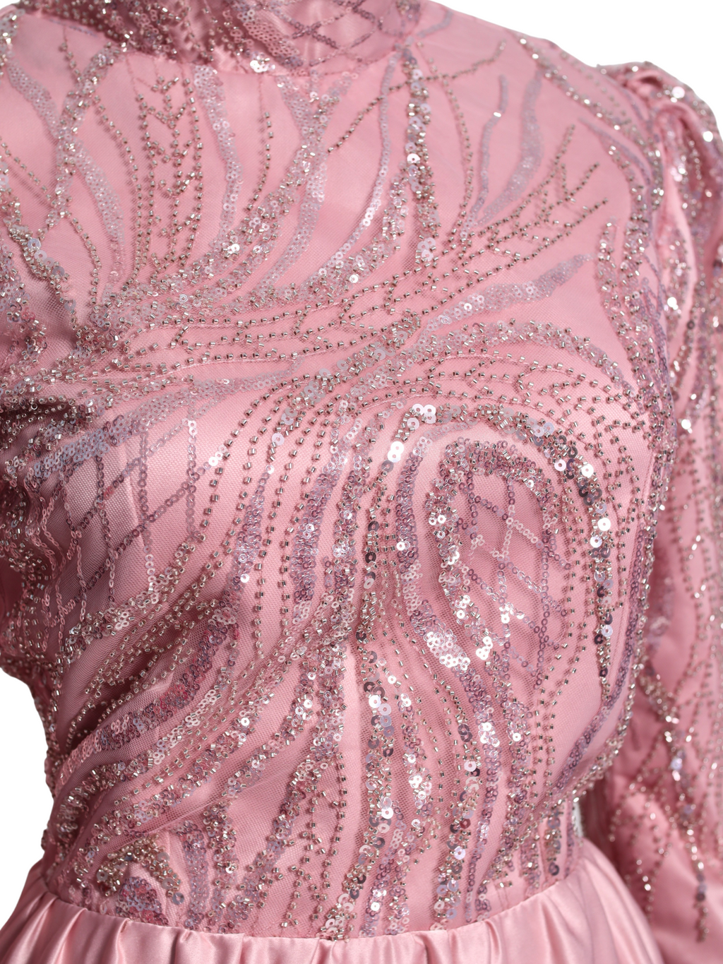Light Old Rose Silver Beaded Tneck Long Dress - OR07