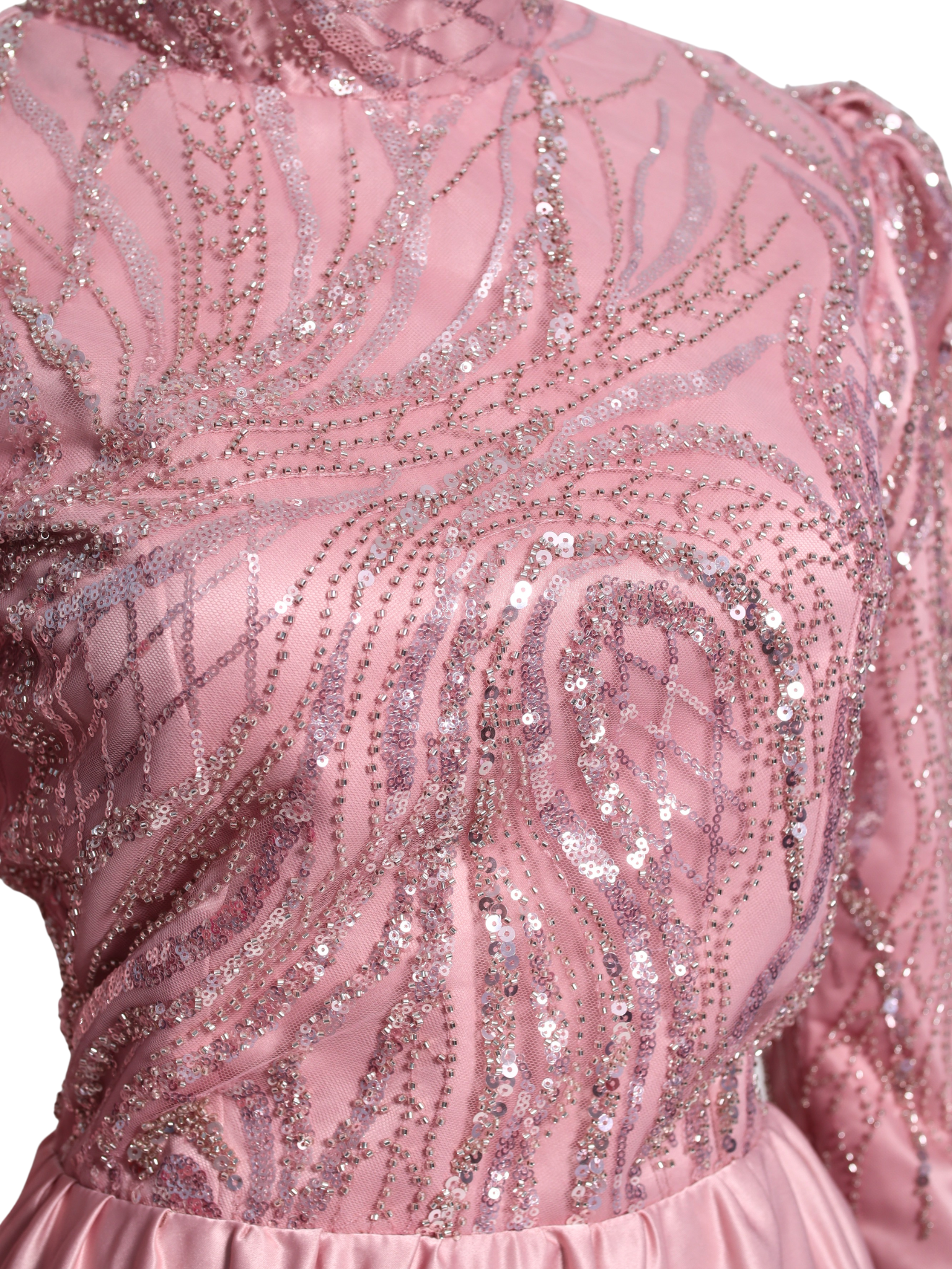 Light Old Rose Silver Beaded Tneck Long Dress - OR07