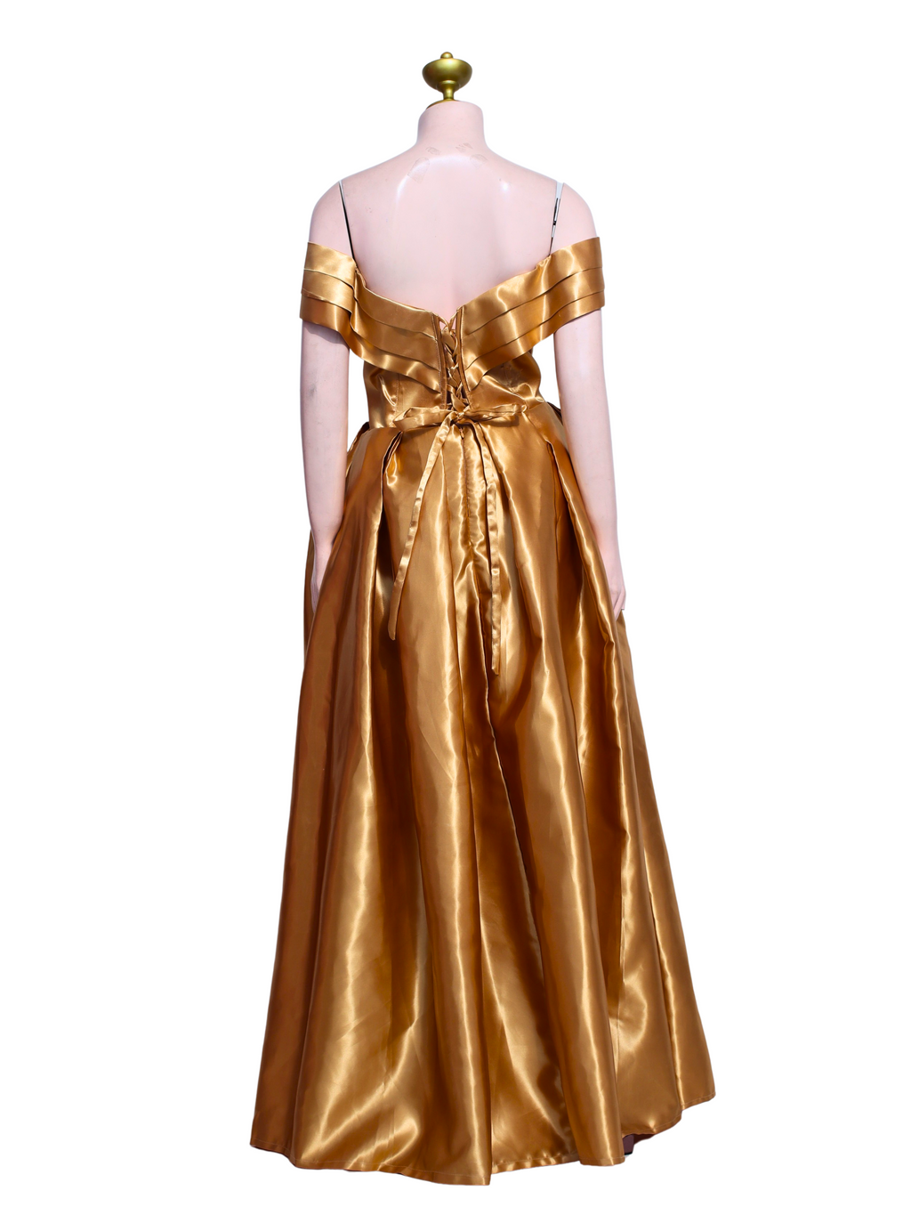 Asymmetrical Off-Shoulder Golden Satin Long Gown - Y03