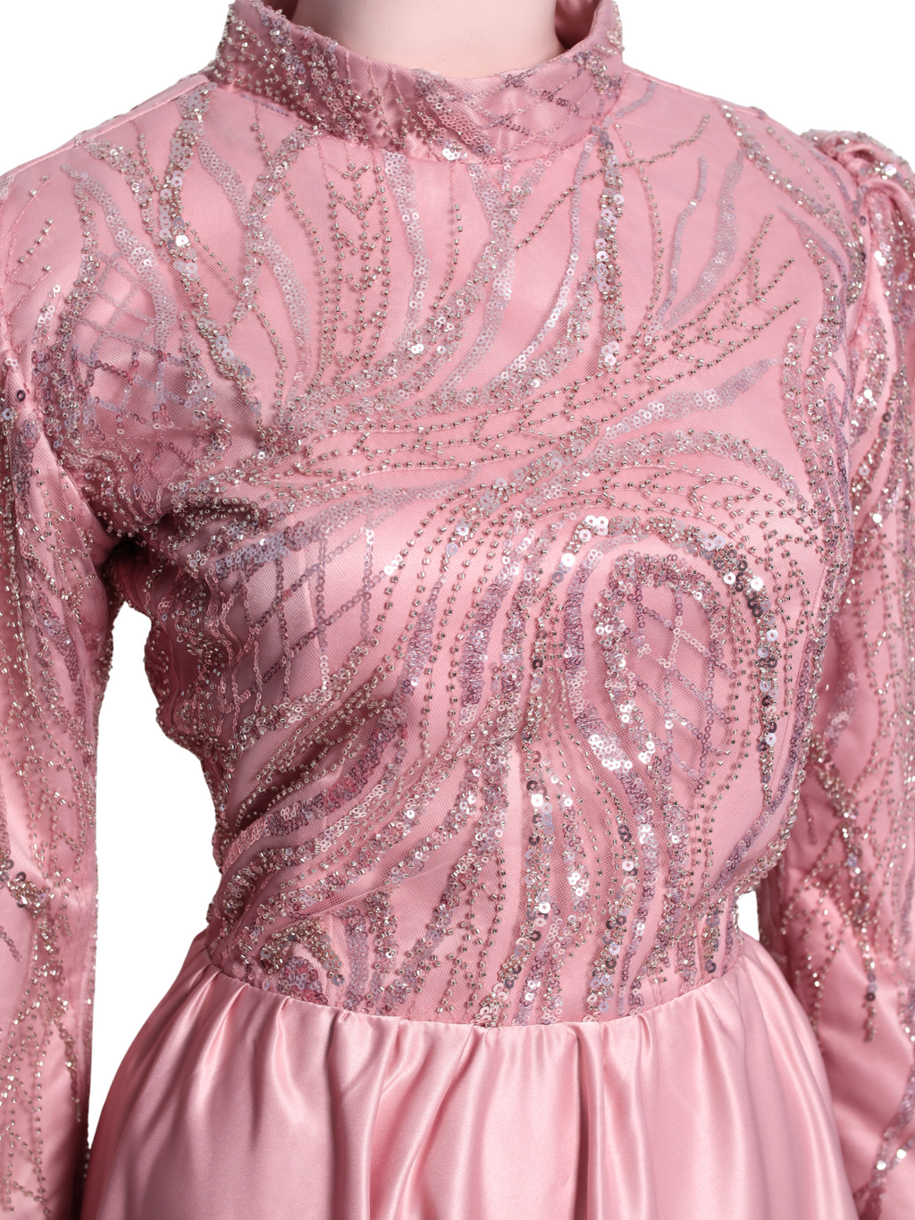 Light Old Rose Silver Beaded Tneck Long Dress - OR07