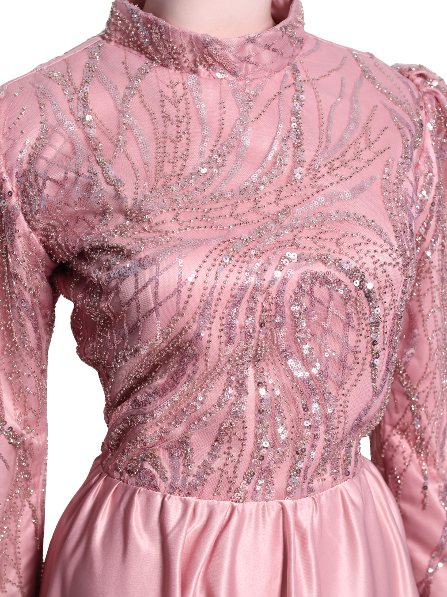 Light Old Rose Silver Beaded Tneck Long Dress - OR07