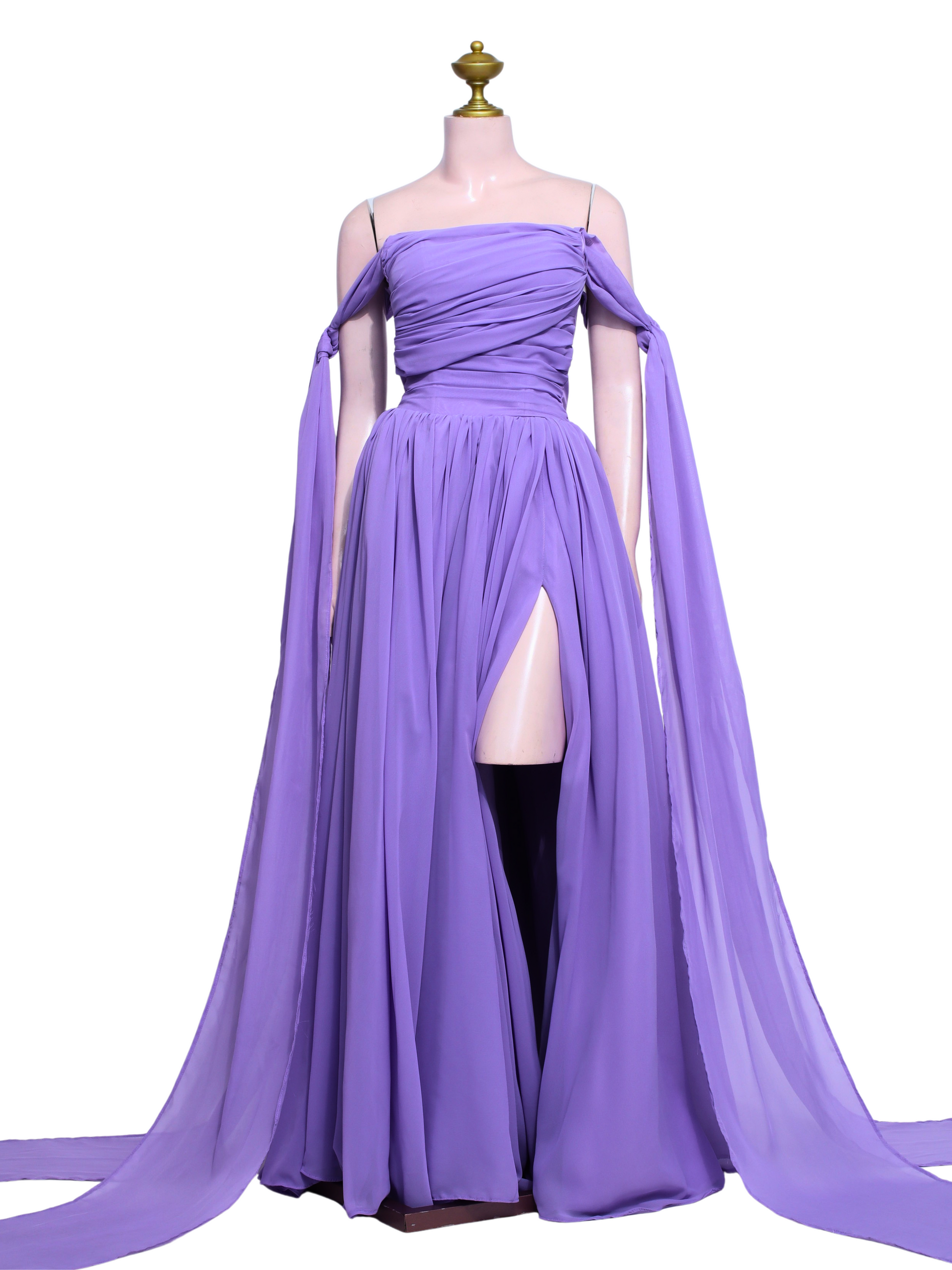 Lavender Ruched Slit Gown - V06