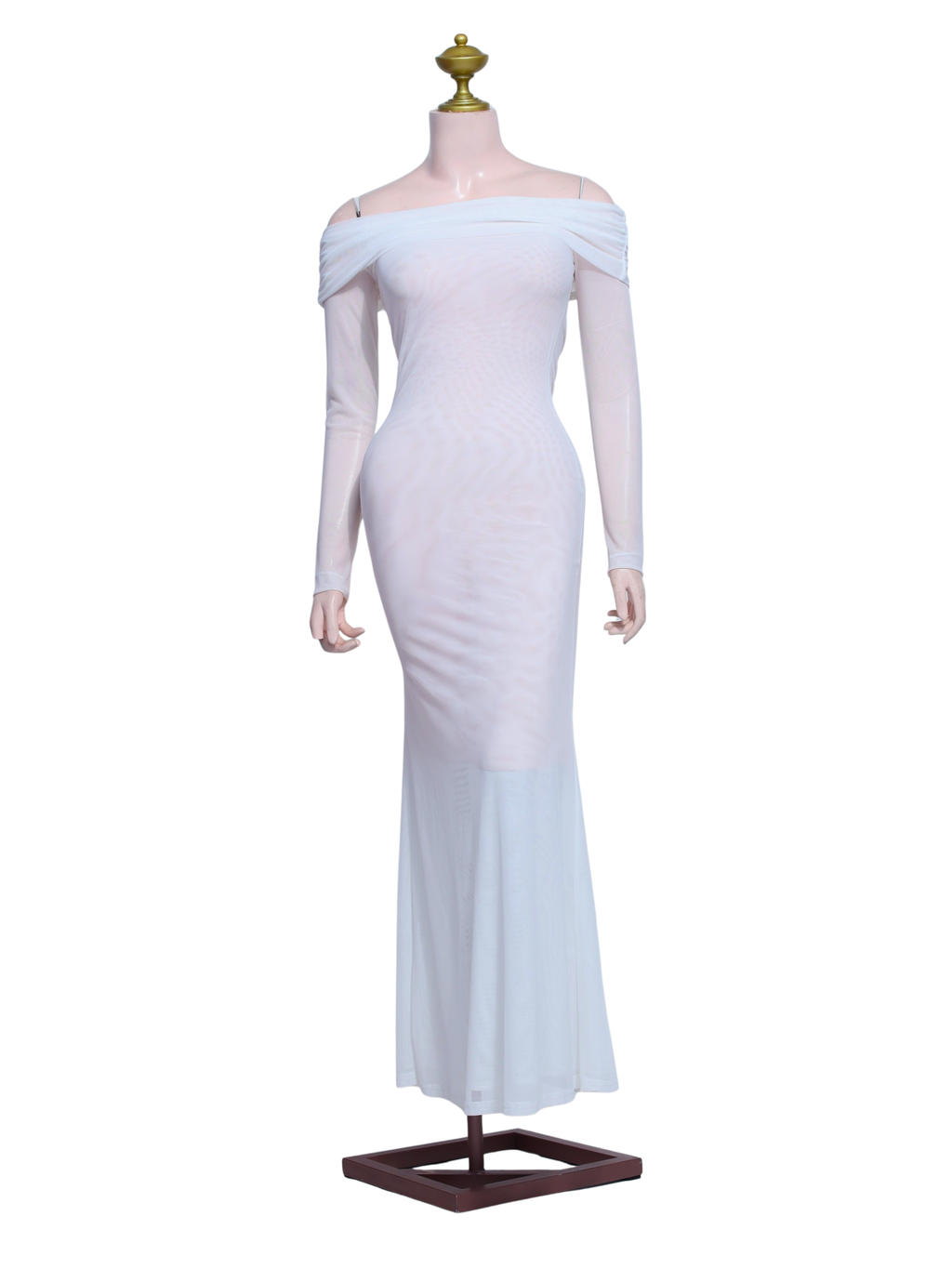 White Sheer Off-shoulder Long Sleeve Gown - W21