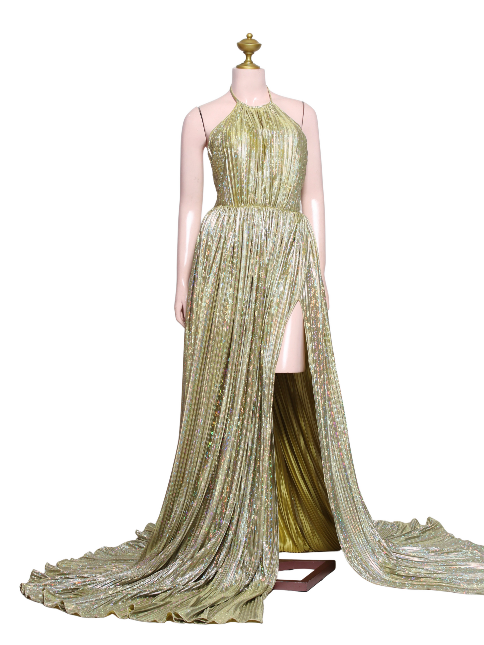Metallic Electric Pleats Halter Long Dress - G02