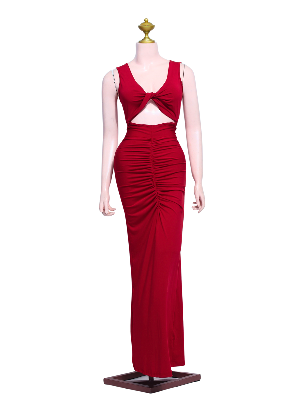 Elegant Ruched Cut-out Red Evening Gown - R07