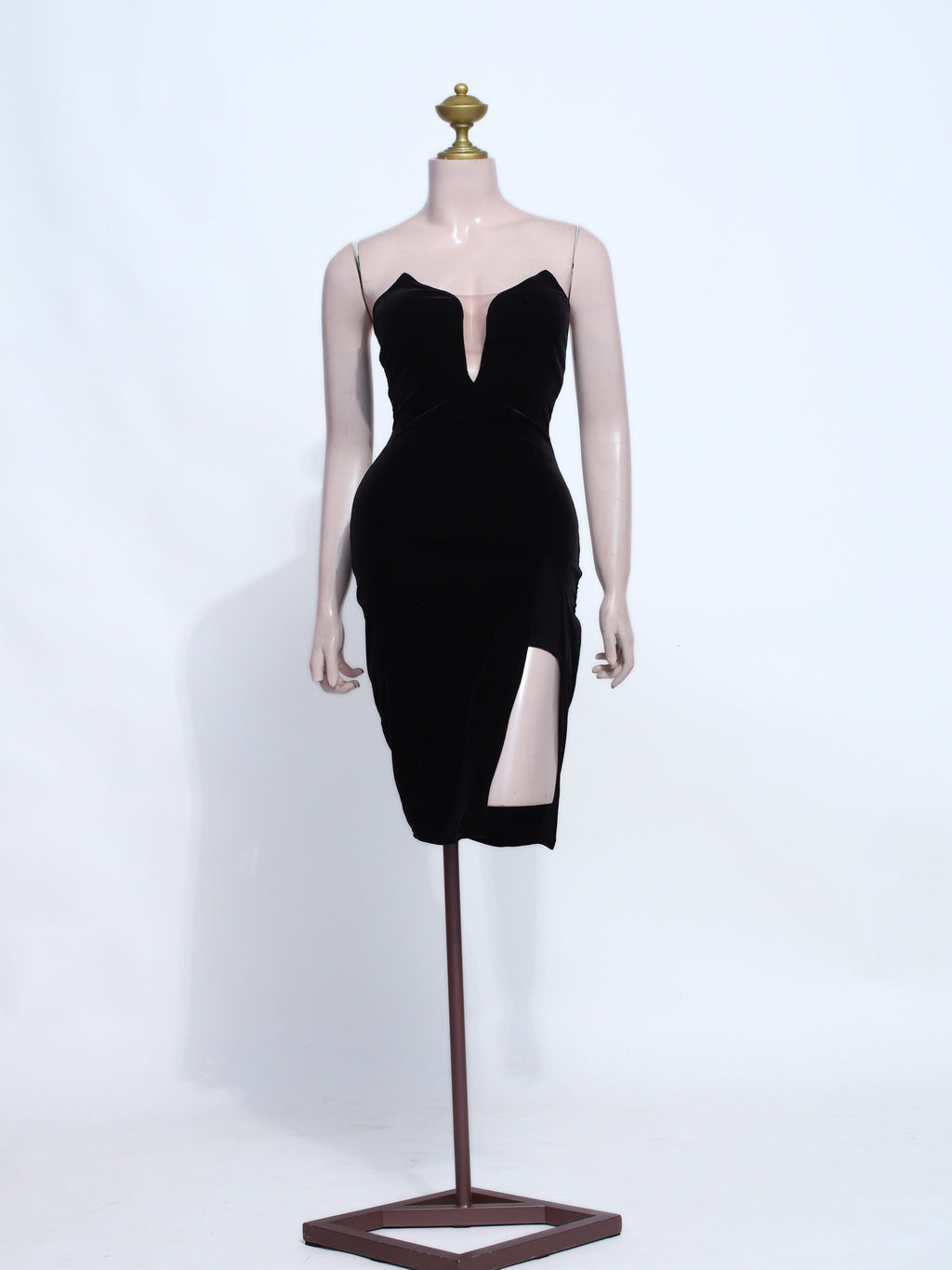 Black Velvet Bodycon Midi Dress with Mesh Plunge Neckline and Side Slit – Zipper Back Party - SB05