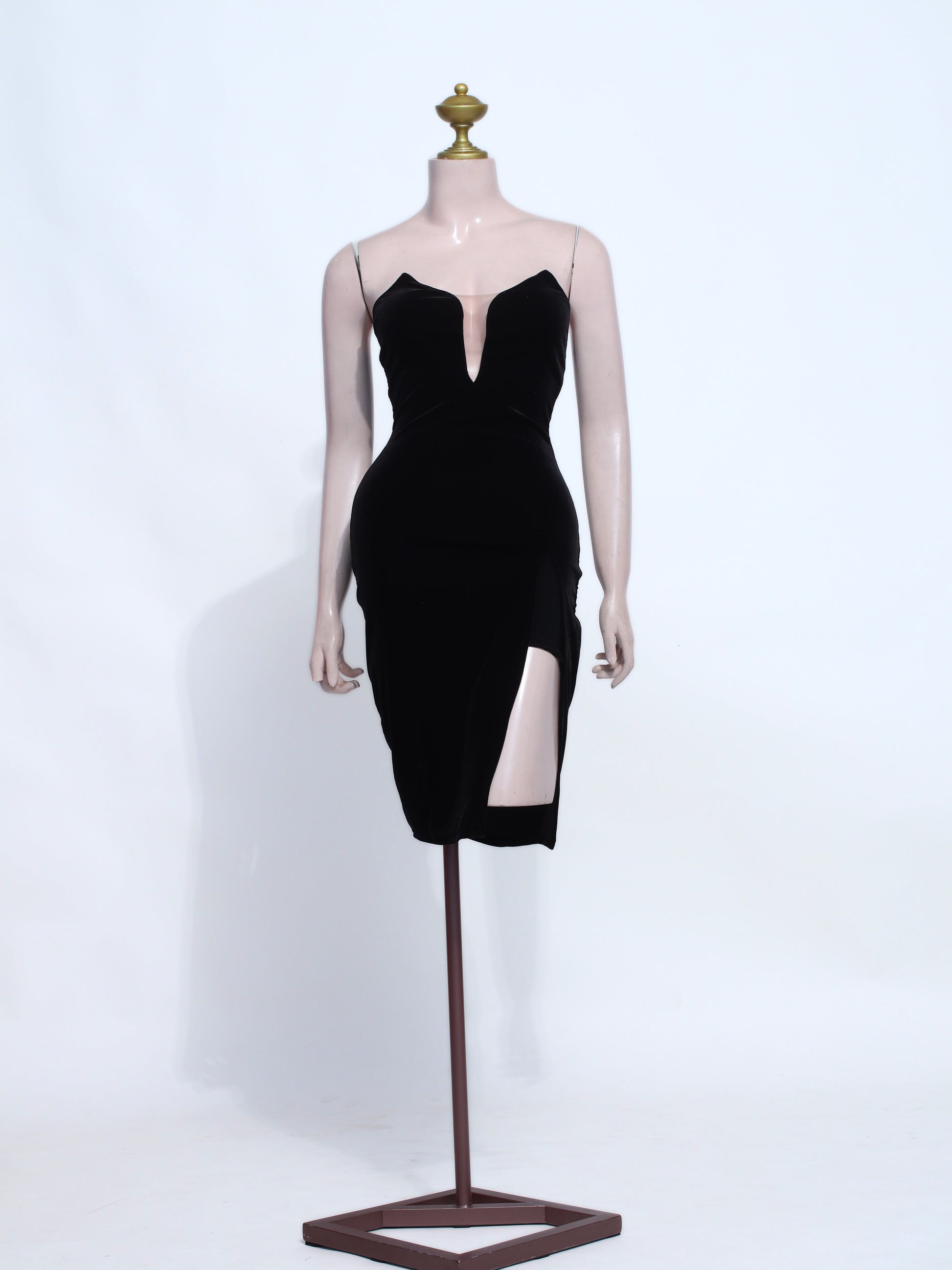 Black Velvet Bodycon Midi Dress with Mesh Plunge Neckline and Side Slit – Zipper Back Party - SB05