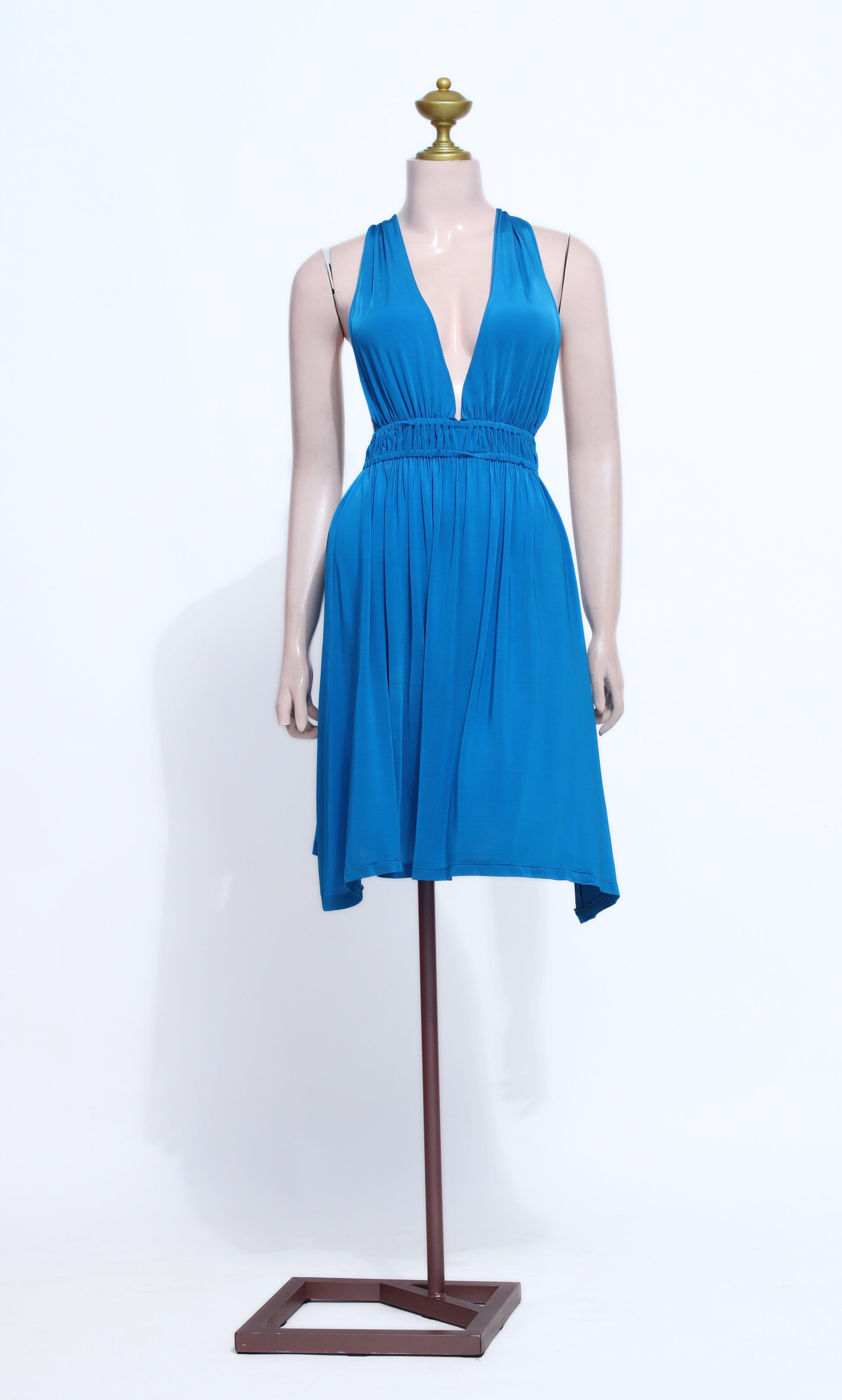 Royal Blue Stretch Silk Mini Dress | Plunging V-Neck Crisscross Backless Gown - SBL06