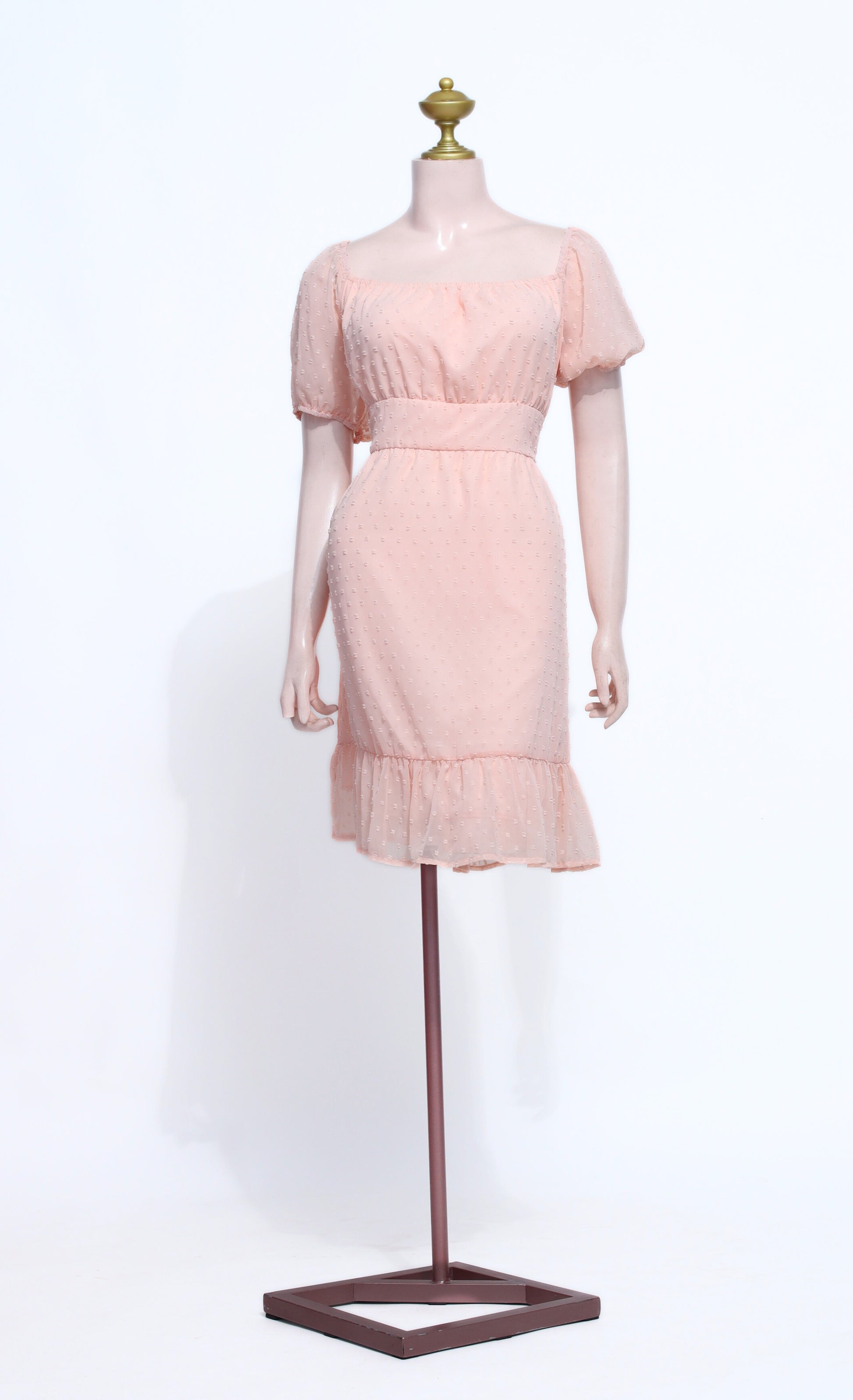 Peach Short Dress | Puff Sleeve Square Neck Textured Ruffle Hem Zipper - SP12