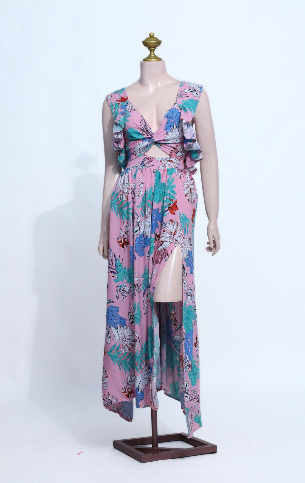 Pink Tropical Print Cut-Out Maxi Dress | Ruffle Shoulder High-Slit Summer Gown - SP15