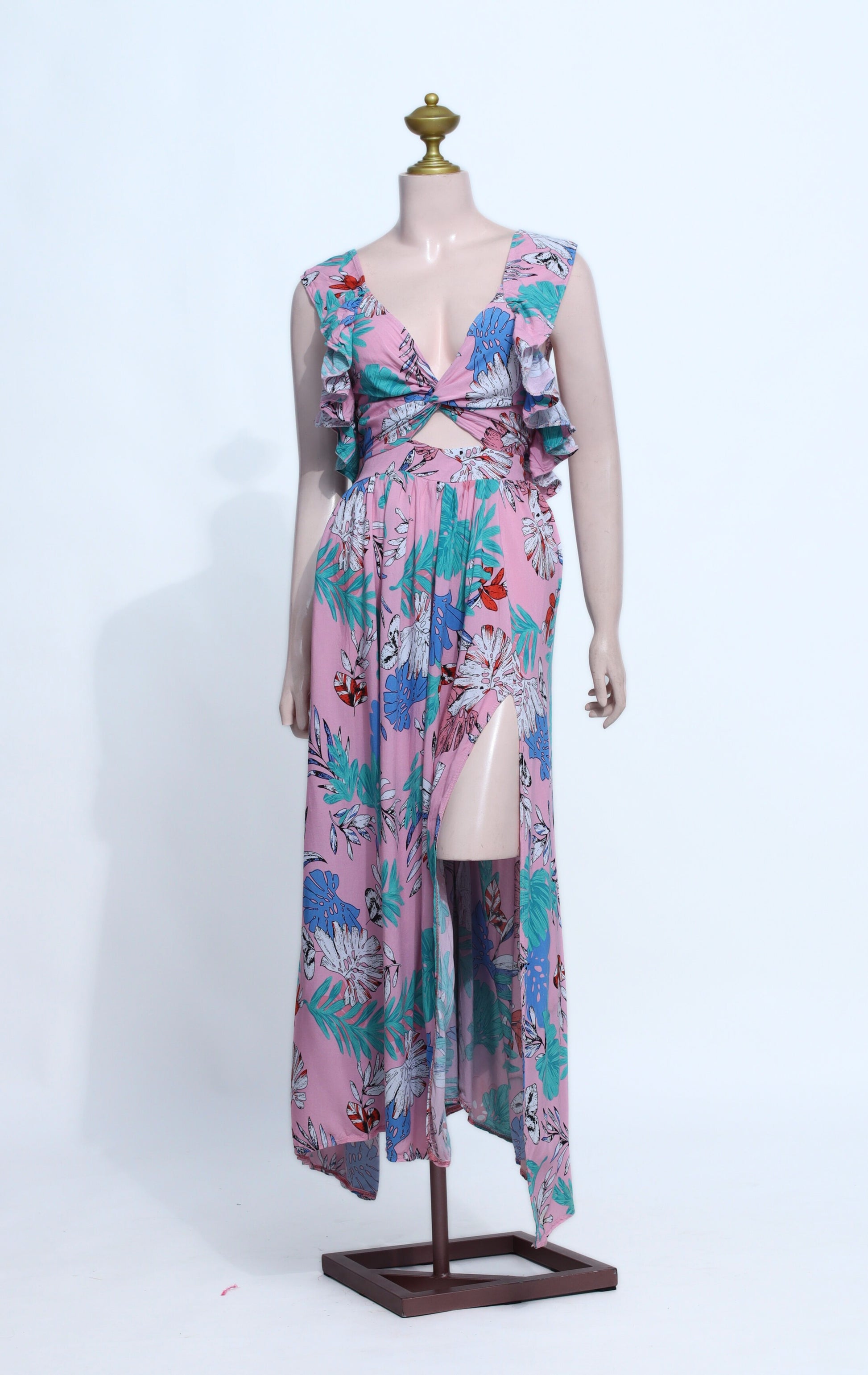 Pink Tropical Print Cut-Out Maxi Dress | Ruffle Shoulder High-Slit Summer Gown - SP15