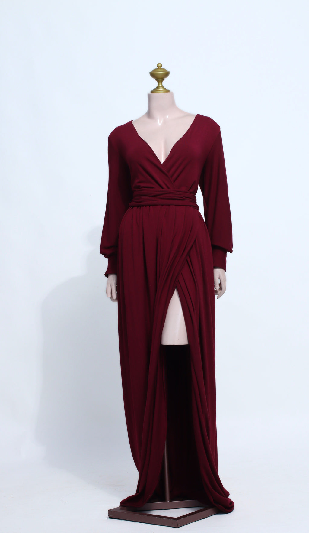 Maroon High Slit Infinity Style Dress | Long Sleeve Zipper Back Plunge - M15
