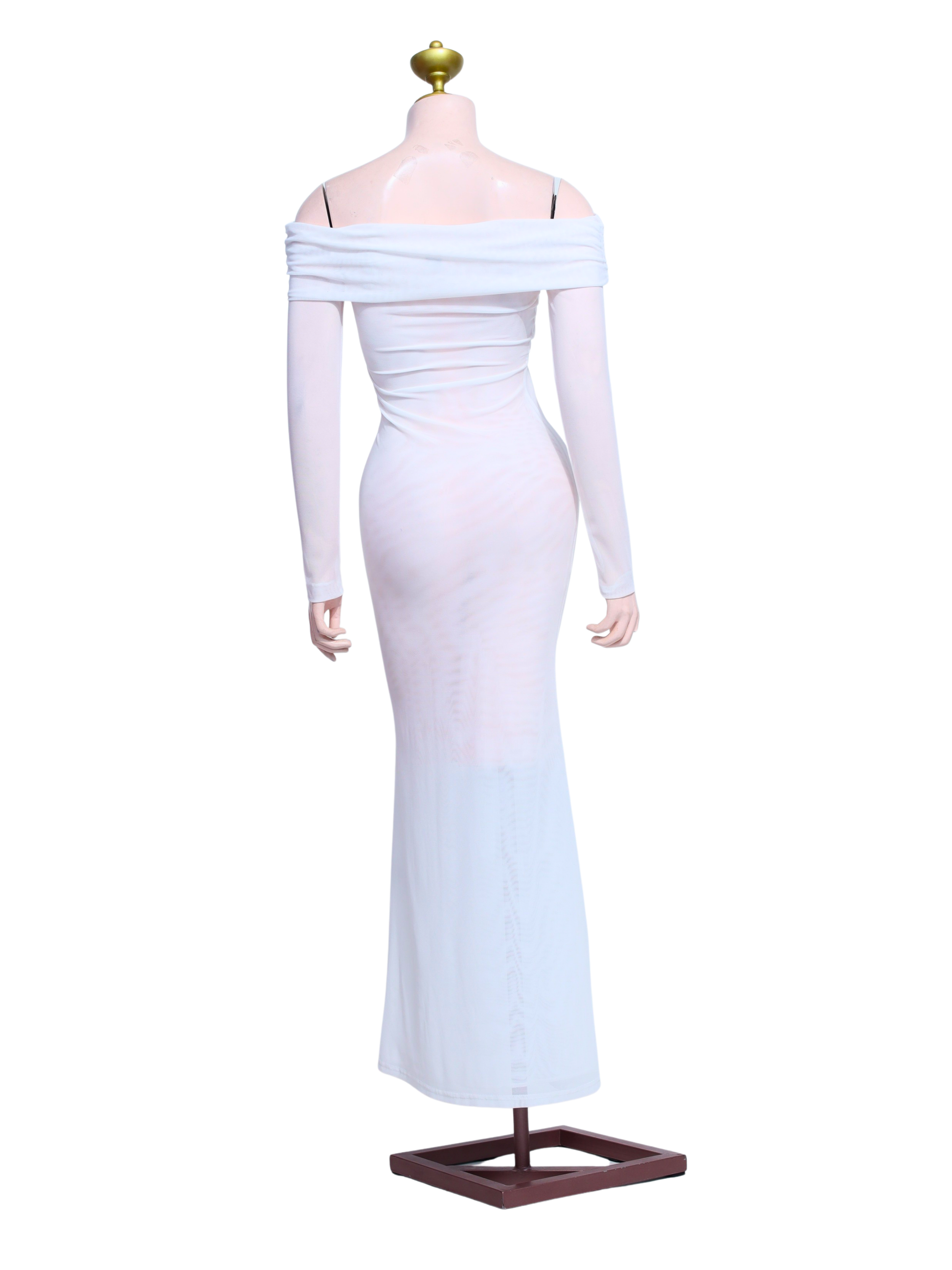 White Sheer Off-shoulder Long Sleeve Gown - W21
