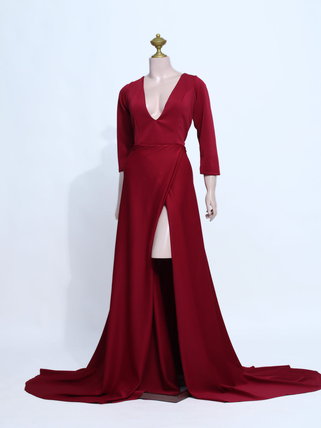 High Slit Evening Dress | Long Gown with Train and 3/4 Sleeves - M13