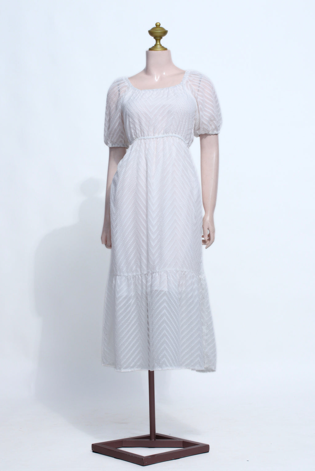 White Dobby Dot Cotton Maxi Dress | Garterized Waist Puff Sleeve Sundress - SW16