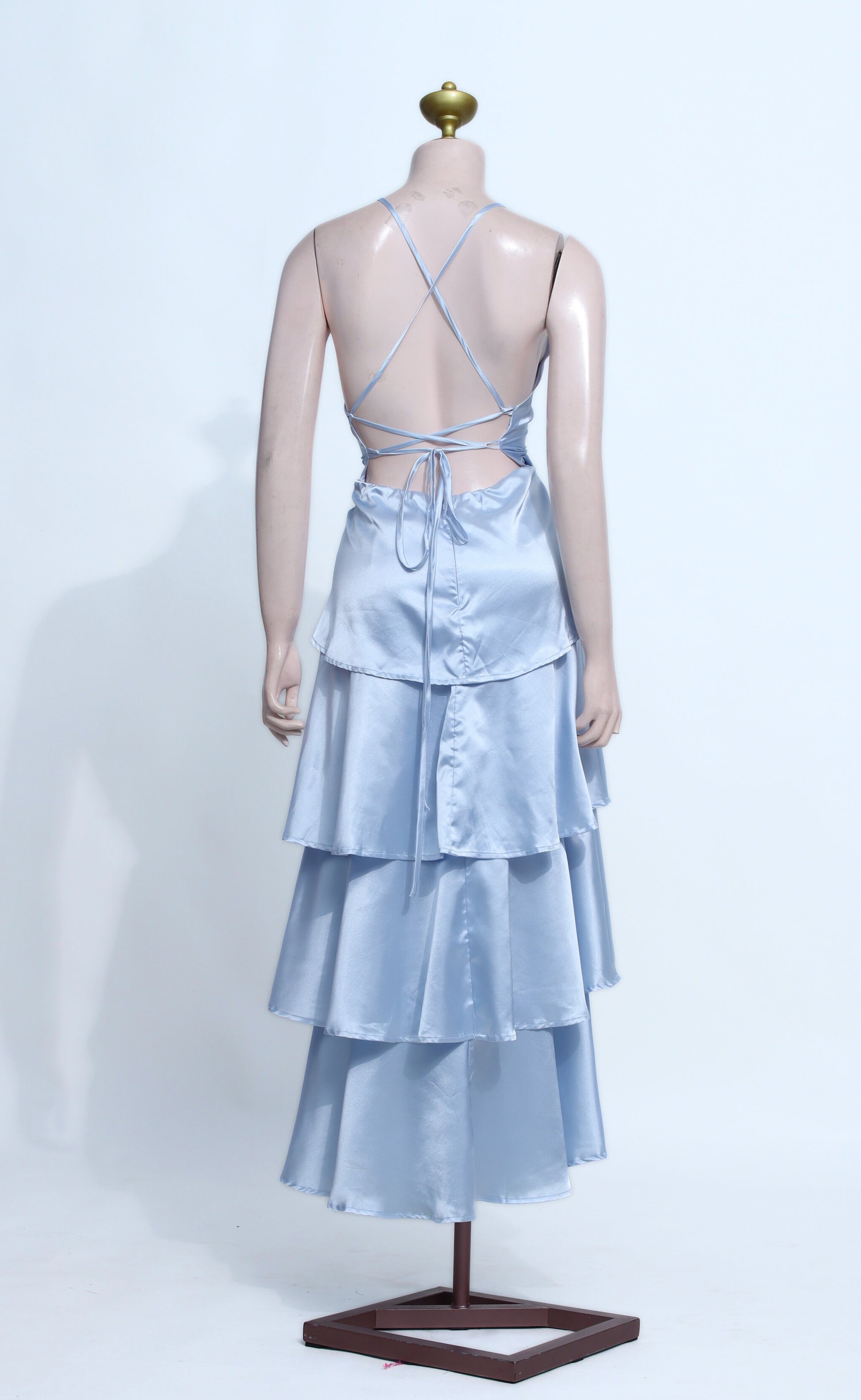 Satin Tiered Ruffle Maxi Dress with Halter Neck & Open Corset Back - BL03