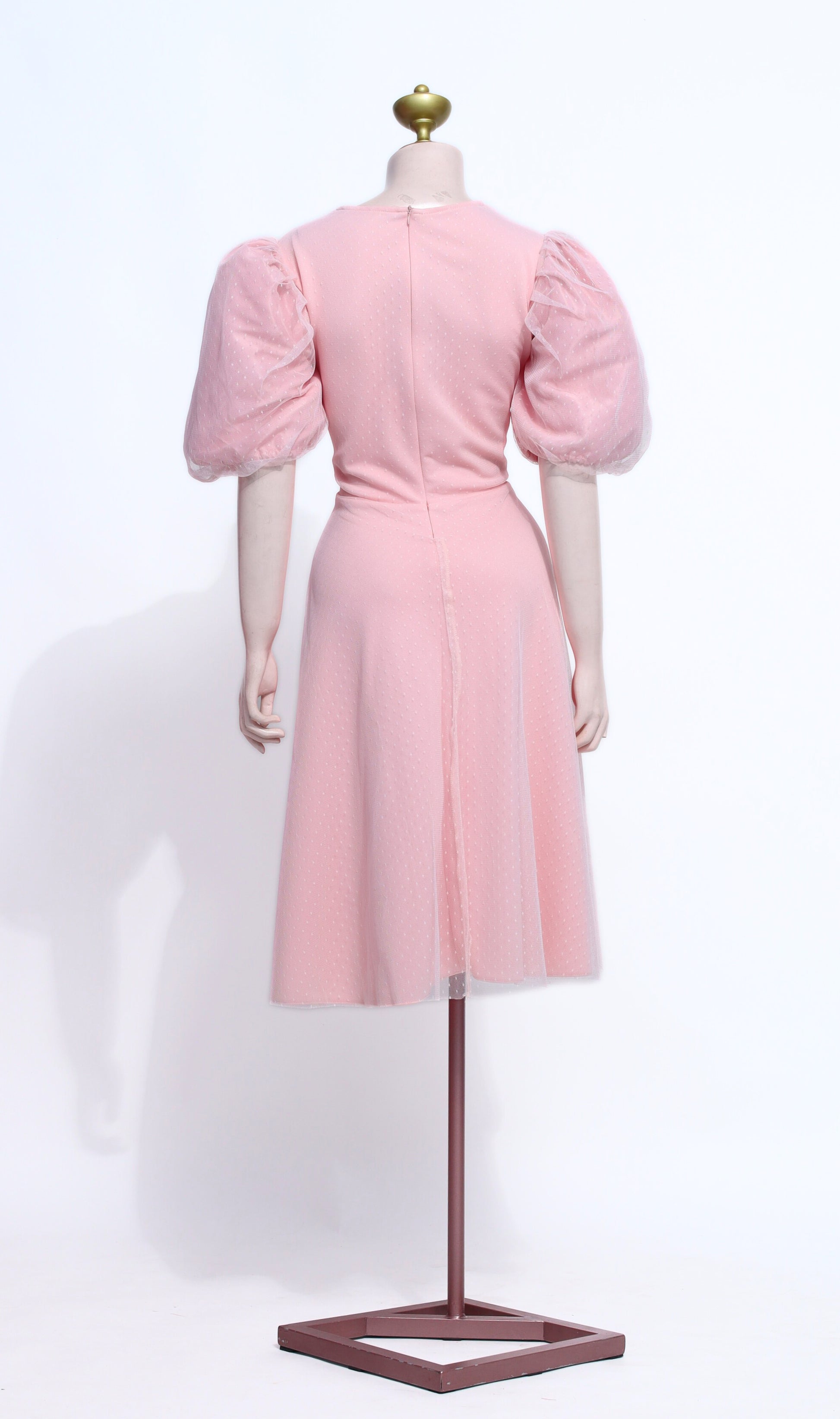 Peach Tulle Puff Sleeve Midi Dress | Shirred V-Neck Babydoll Dress - SP13