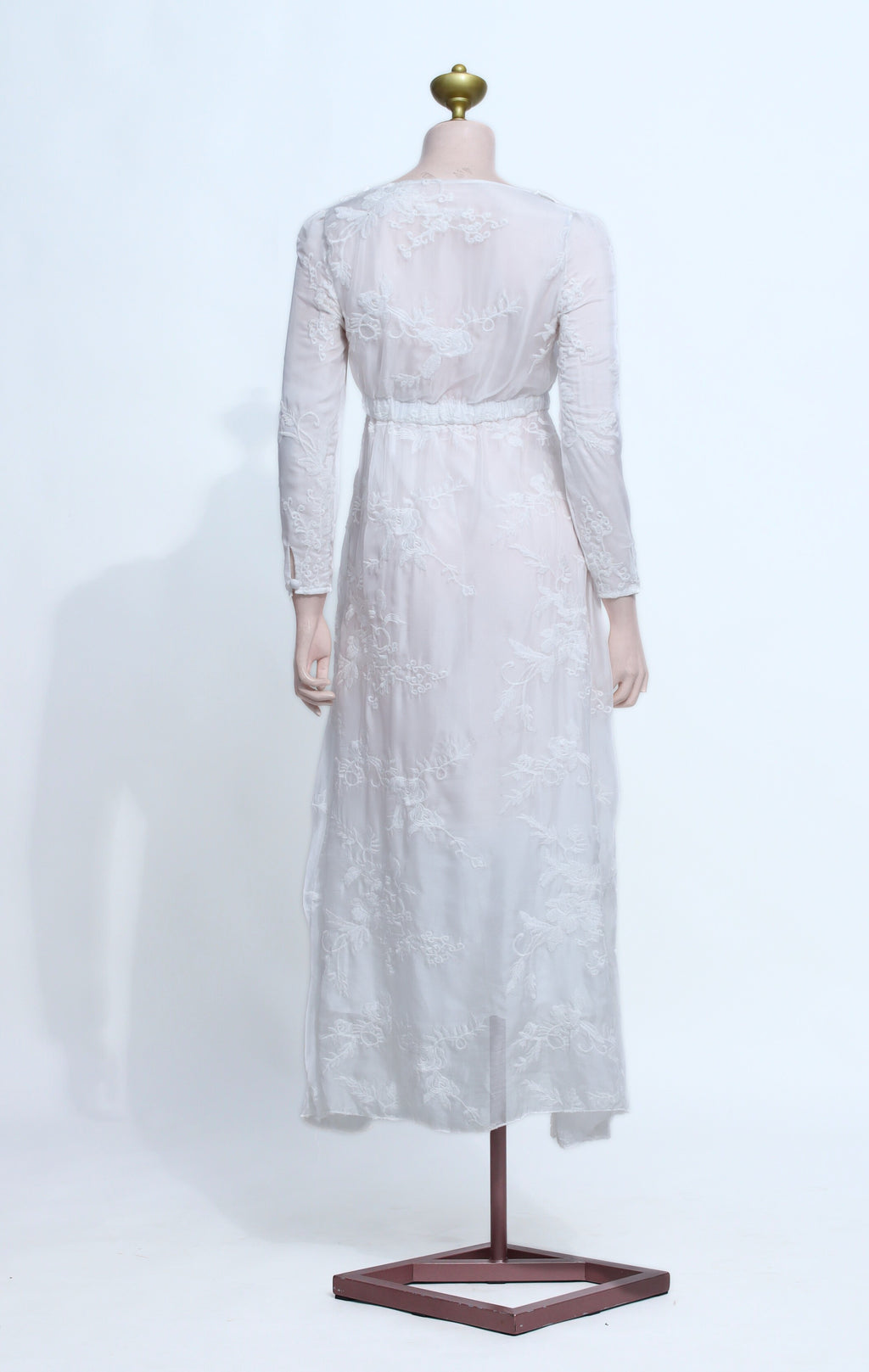 White Flowy Chiffon Midi Dress | Long Sleeve V-Neck Embroidered Lace - W30