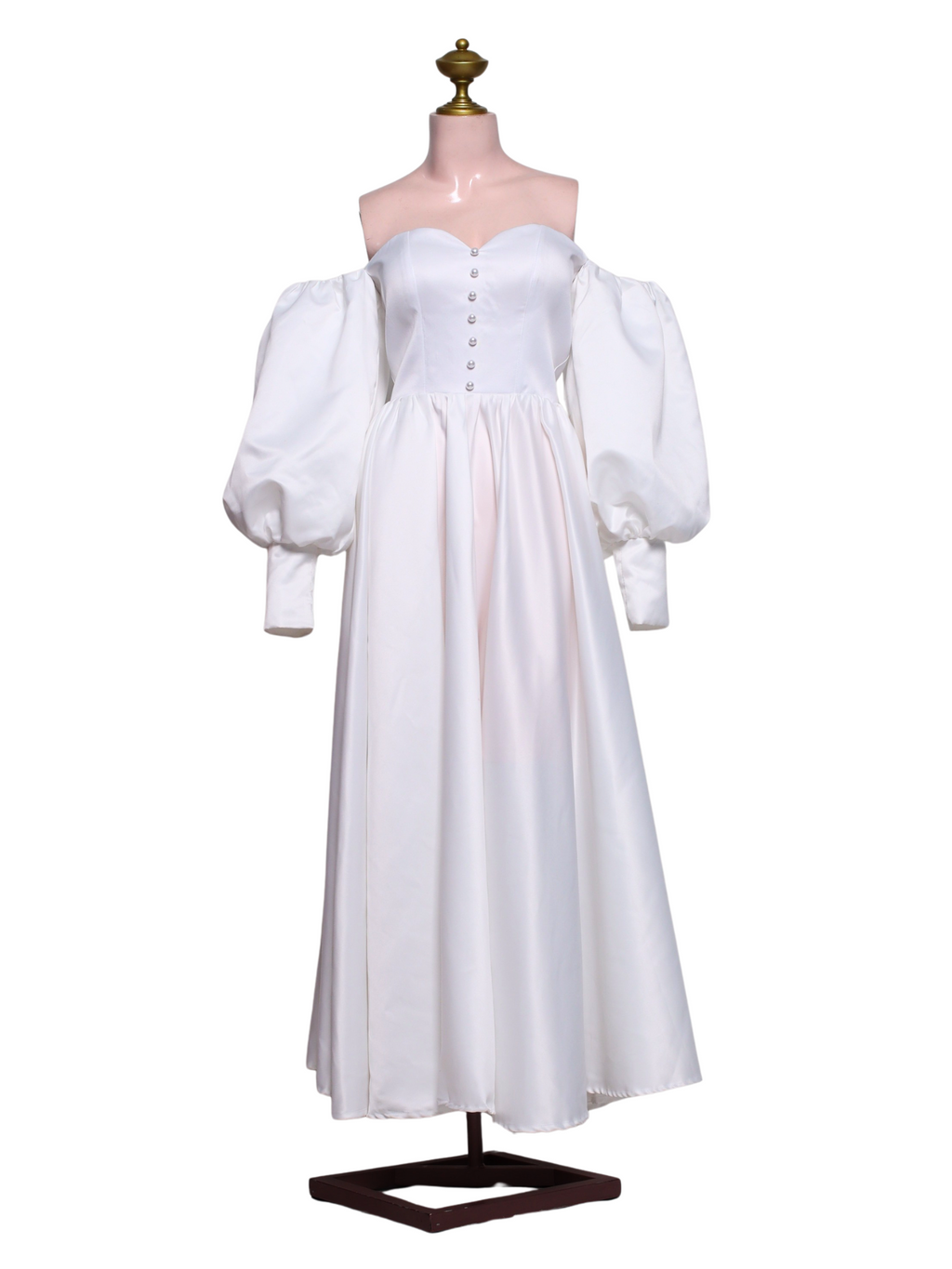 Off Shoulder Puff Sleeve Satin Long Dress - W10