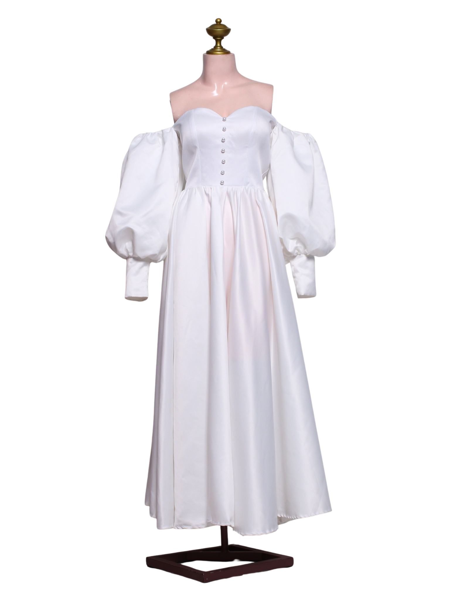 Off Shoulder Puff Sleeve Satin Long Dress - W10