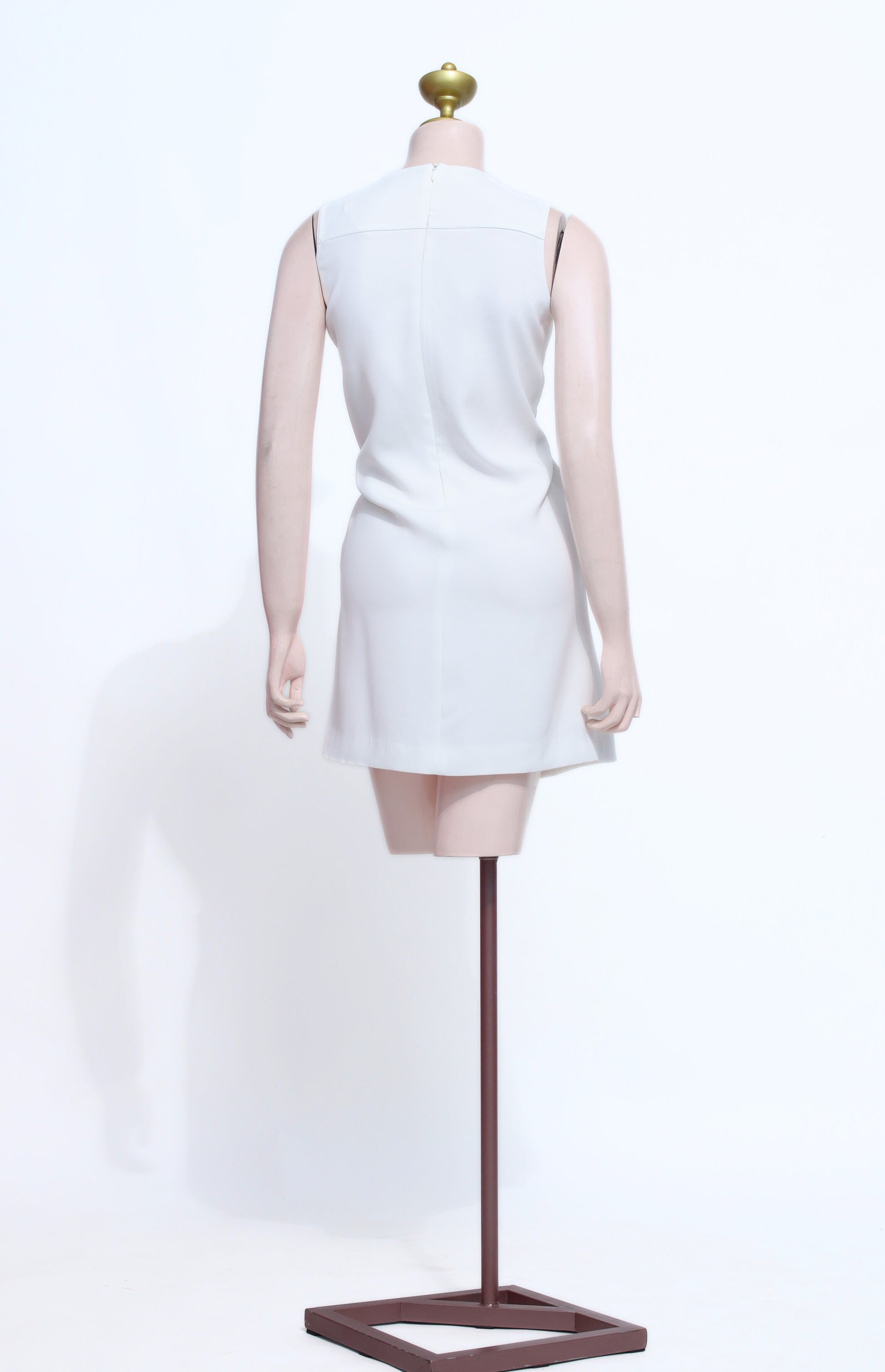 White Mini Dress with Gold Stud Detail | High Neck Sleeveless Zipper Back - SW14