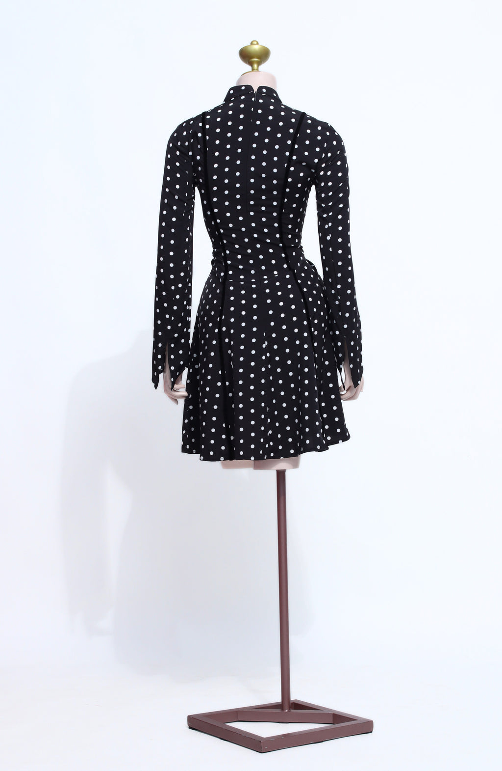 Black Polka Dot Long Sleeve Short Dress with Zipper Back – Elegant High Neck A-Line Dress - SB06