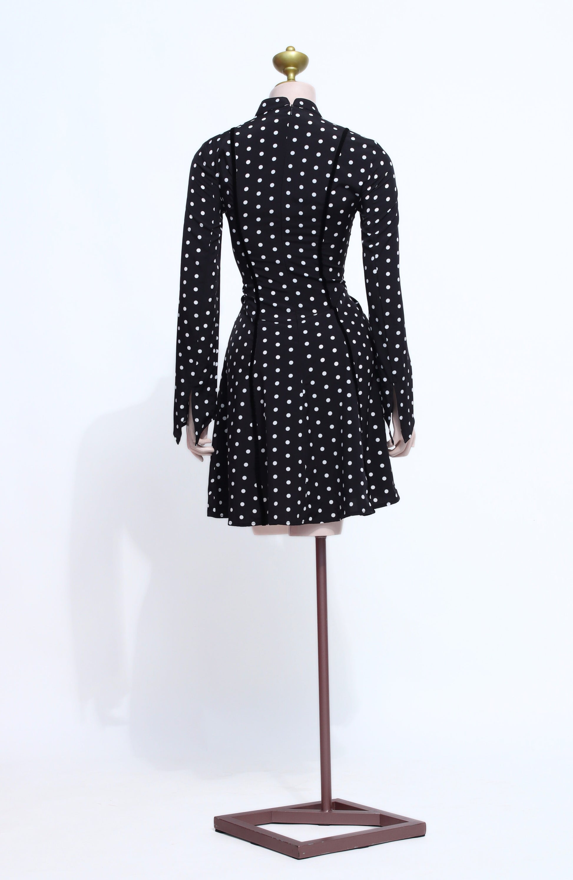 Black Polka Dot Long Sleeve Short Dress with Zipper Back – Elegant High Neck A-Line Dress - SB06