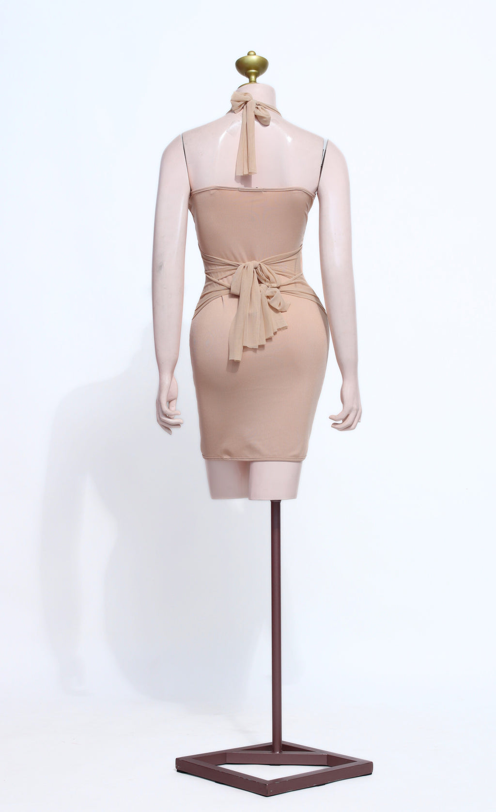 Nude Ribbed Knit Halter Mini Dress | Bodycon Ruched Bust Tie-Back - SNU05