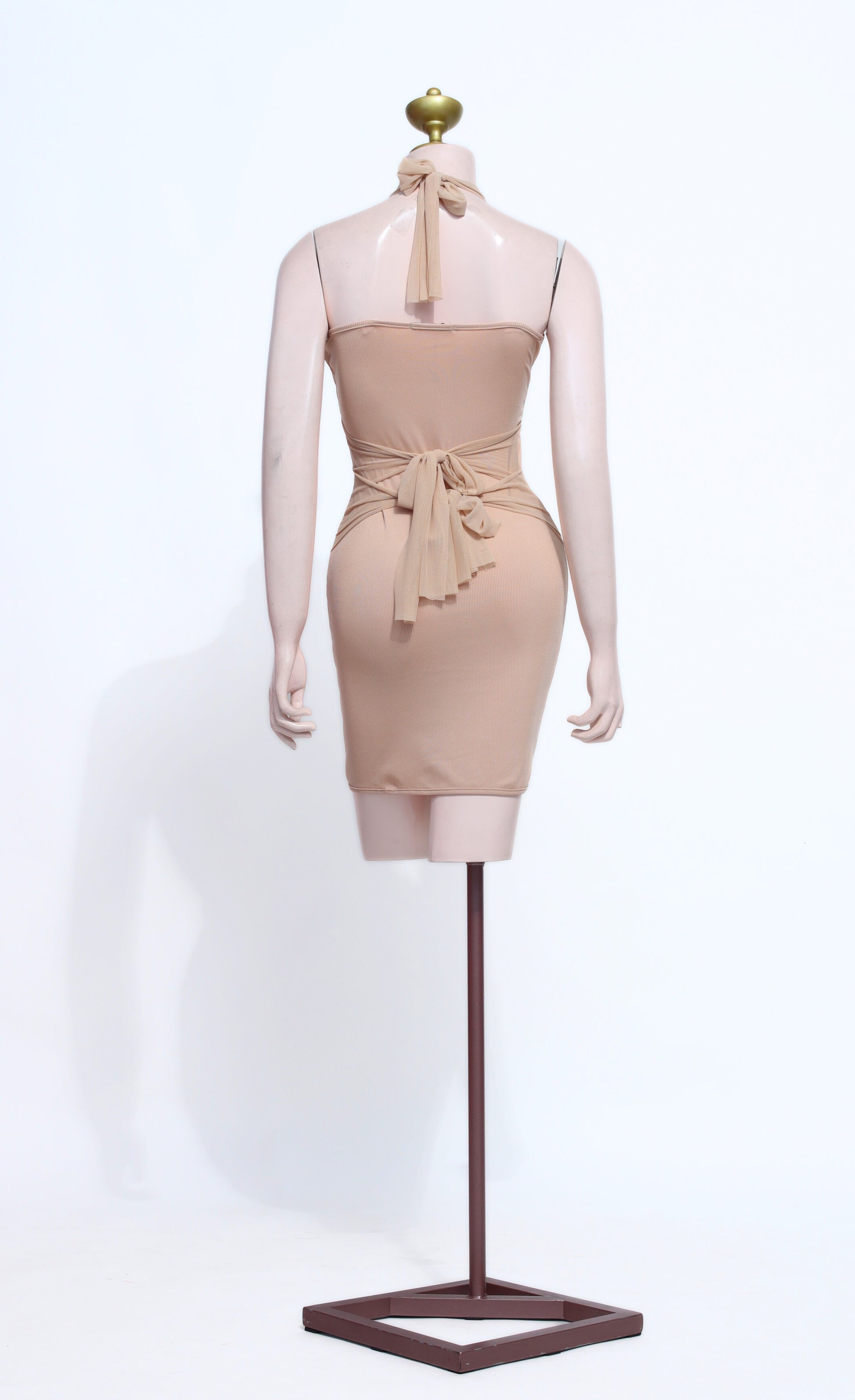 Nude Ribbed Knit Halter Mini Dress | Bodycon Ruched Bust Tie-Back - SNU05