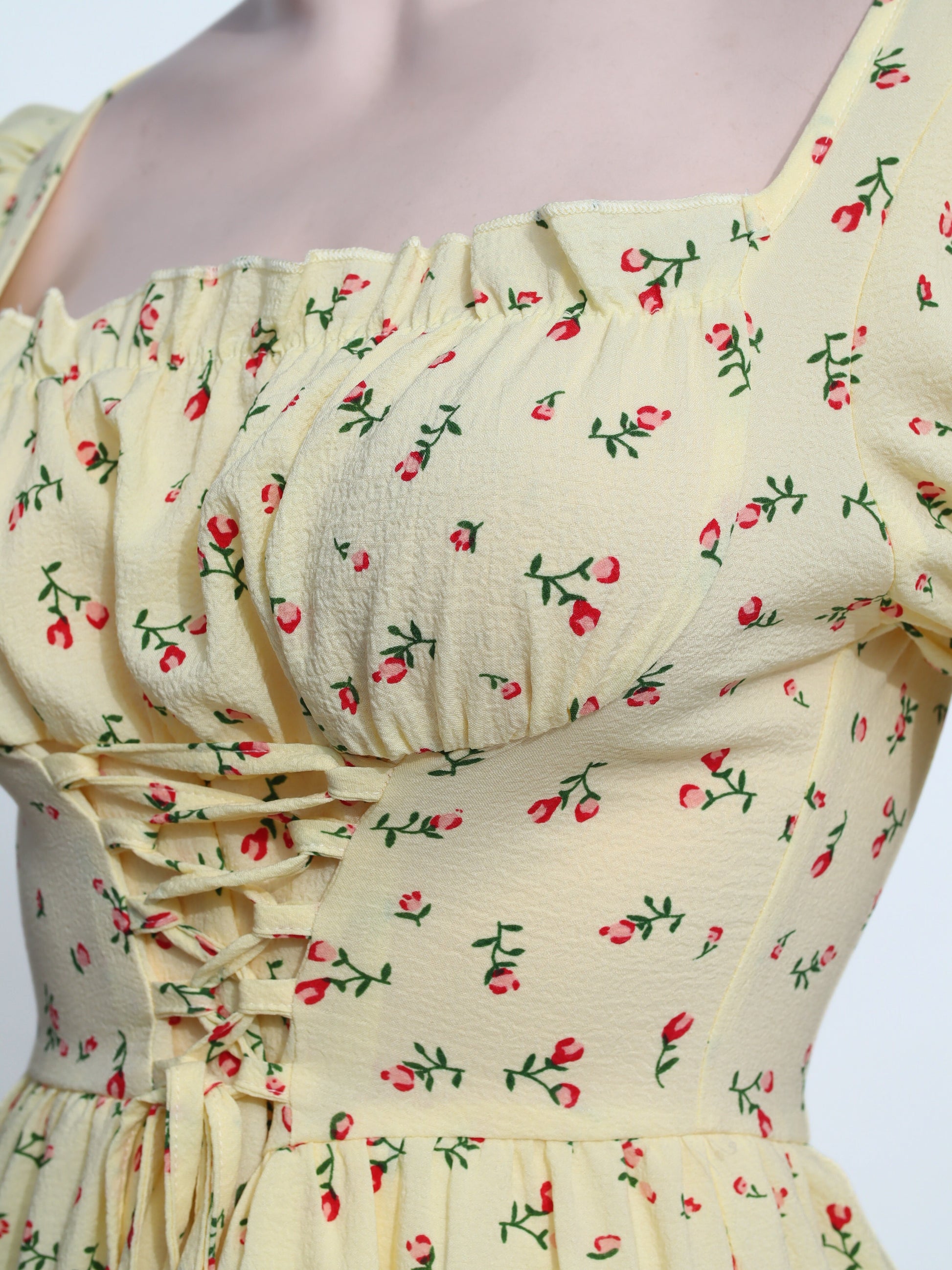 Floral Print Puff Sleeve Maxi Dress | Cottagecore Corset Waist & Square Neck - SY03
