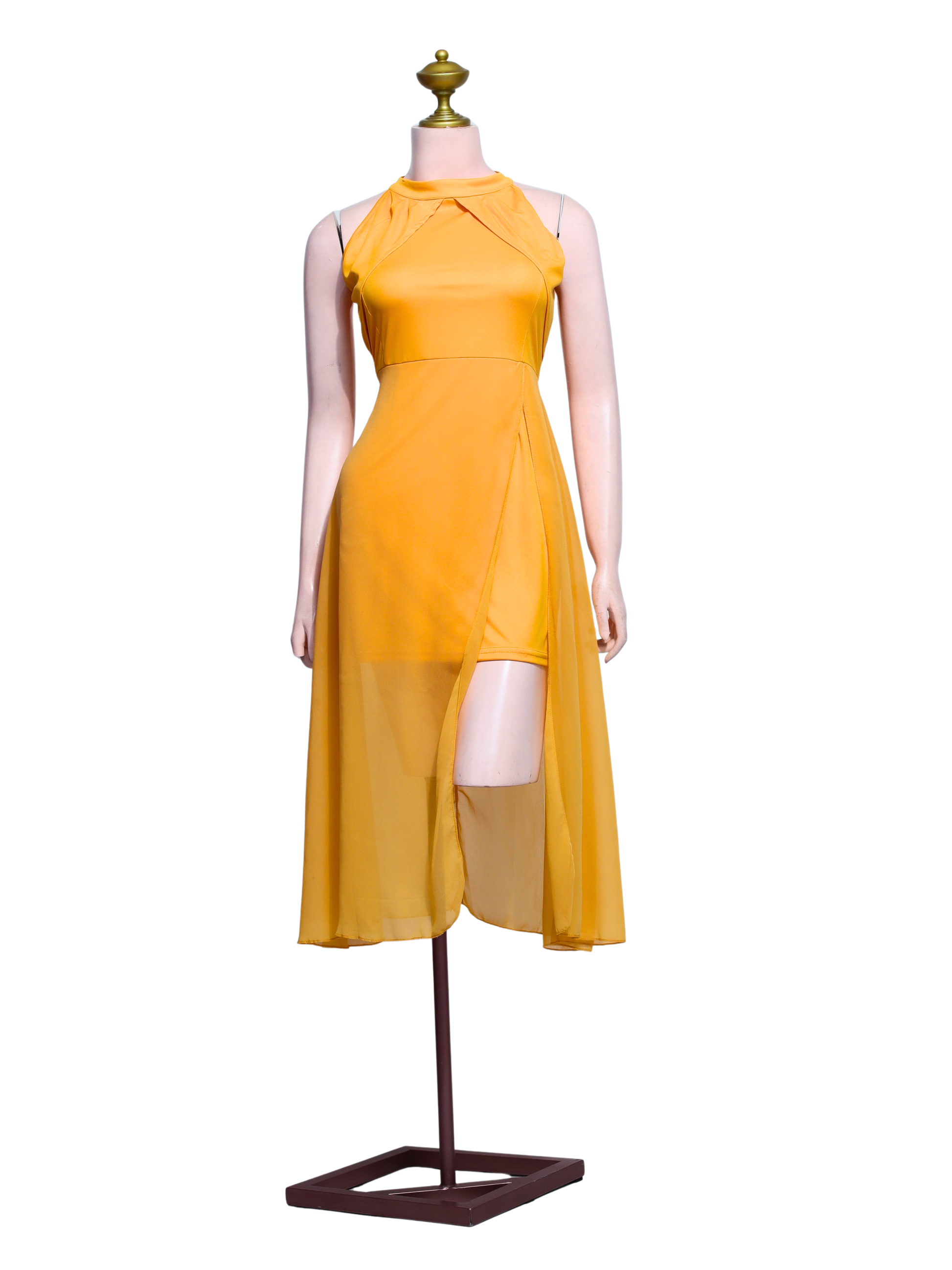 Yellow Halter-neck Sheer Overlay Dress - Y02