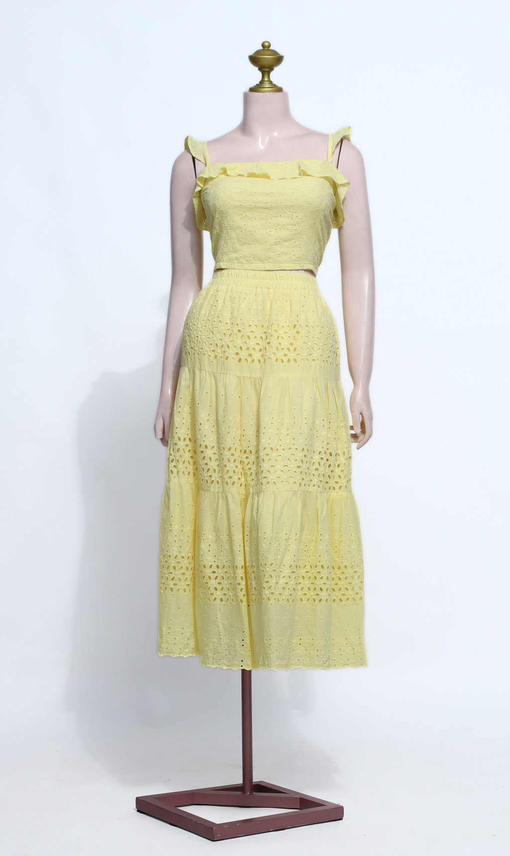 Yellow Eyelet Cotton Two-Piece Set | Smocked Ruffle Top & Tiered Midi Skirt - SY02
