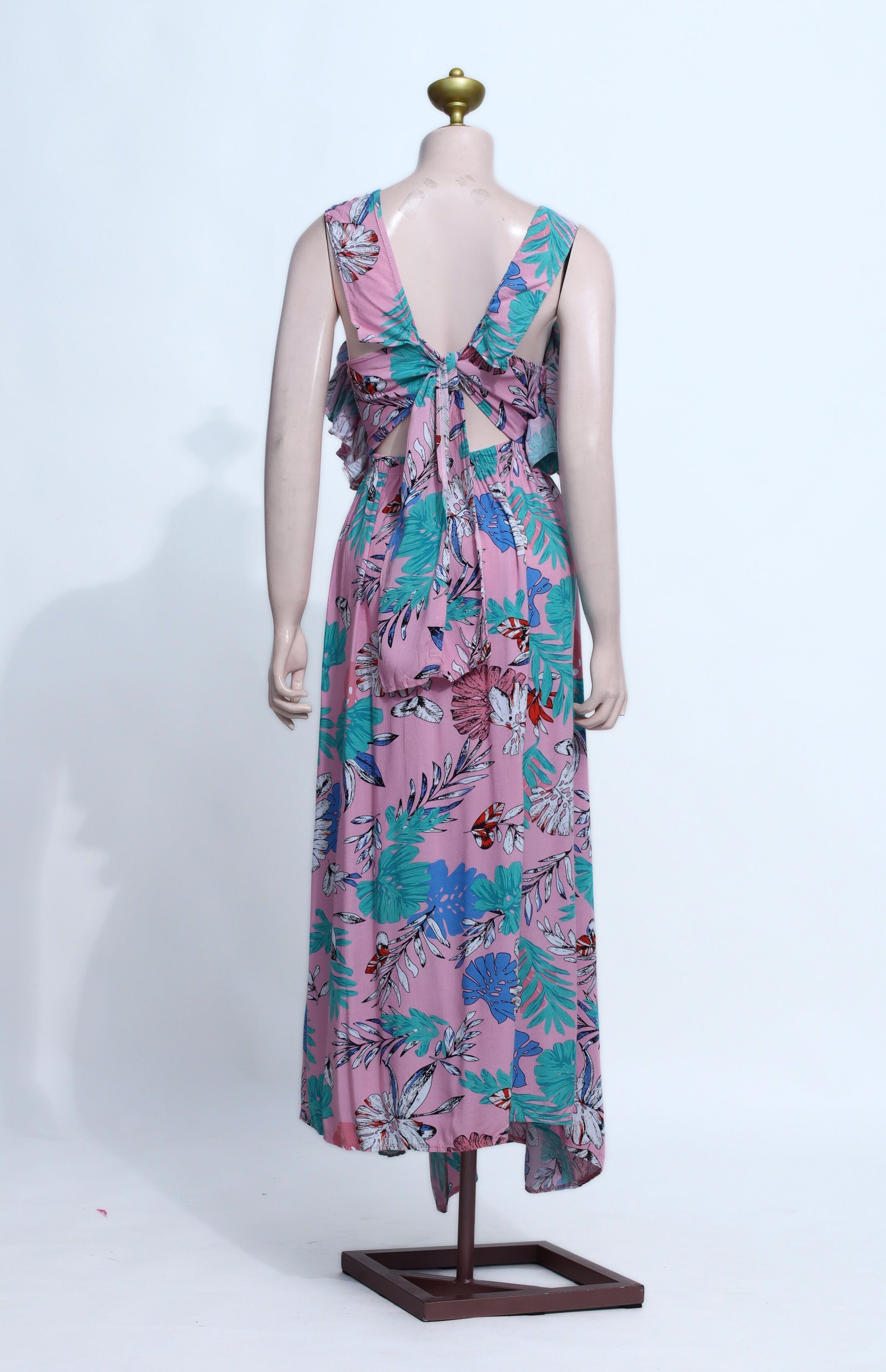 Pink Tropical Print Cut-Out Maxi Dress | Ruffle Shoulder High-Slit Summer Gown - SP15