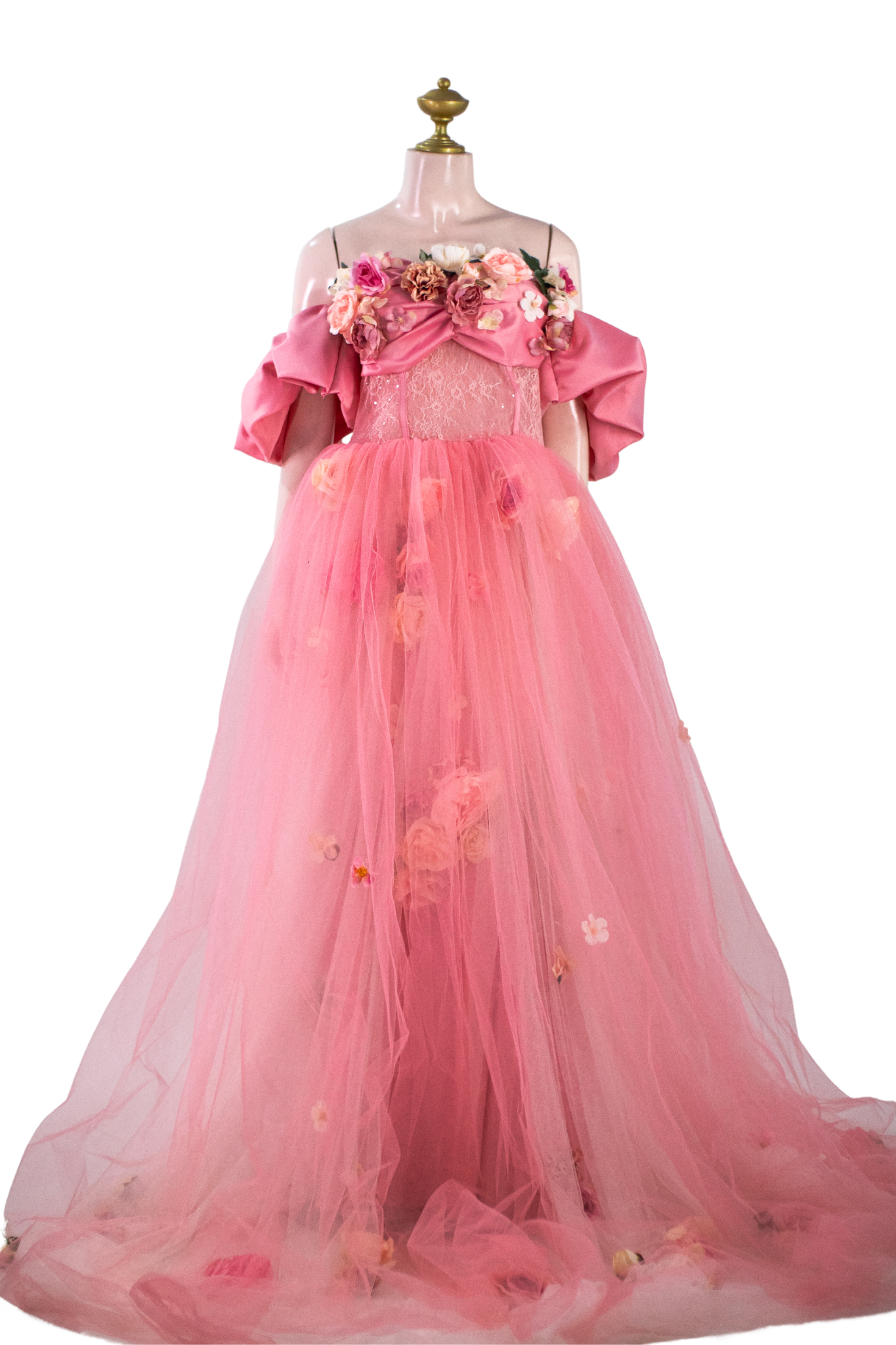 Salmon Pink Satin Corset Gown | Lace and Tulle Ballgown Maxi Dress - P02