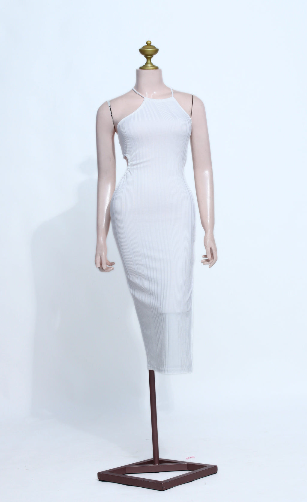 Chic White Halter Neck Midi Dress - Cotton Spandex Bodycon Cocktail Gown - W35